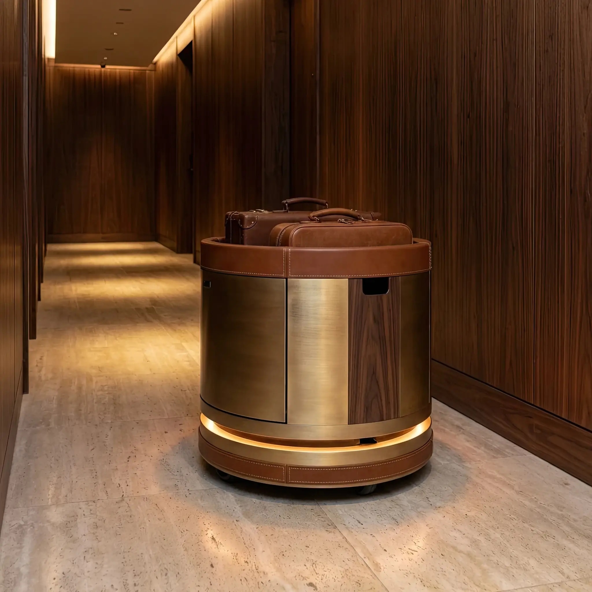 Архитектура и дизайн: Стильный обтекаемый бот плавно перевозит на себе стопку тяжелых чемоданов, следуя за гостем по вестибюль на почтительном расстоянии