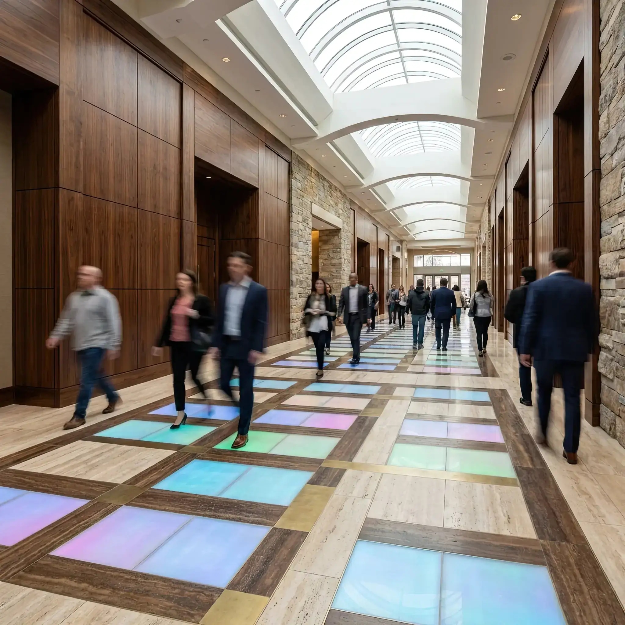 Архитектура и дизайн: Поток людей в оживленном вестибюль деловой центра генерирует мегаватты чистой энергии, просто проходя по инновационному напольному покрытию