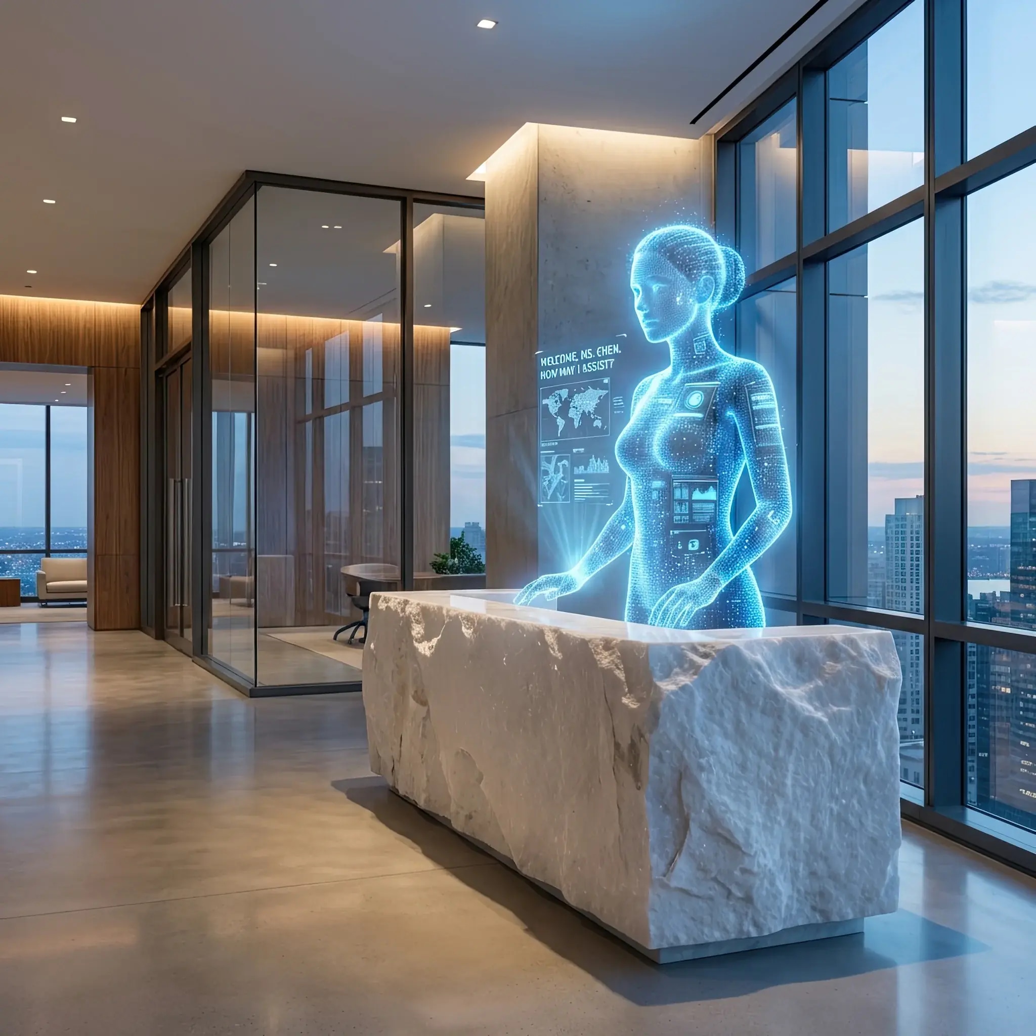Архитектура и дизайн: Футуристичный холл, где за минималистичной стойкой парит реалистичная голограмма AI-консьержа