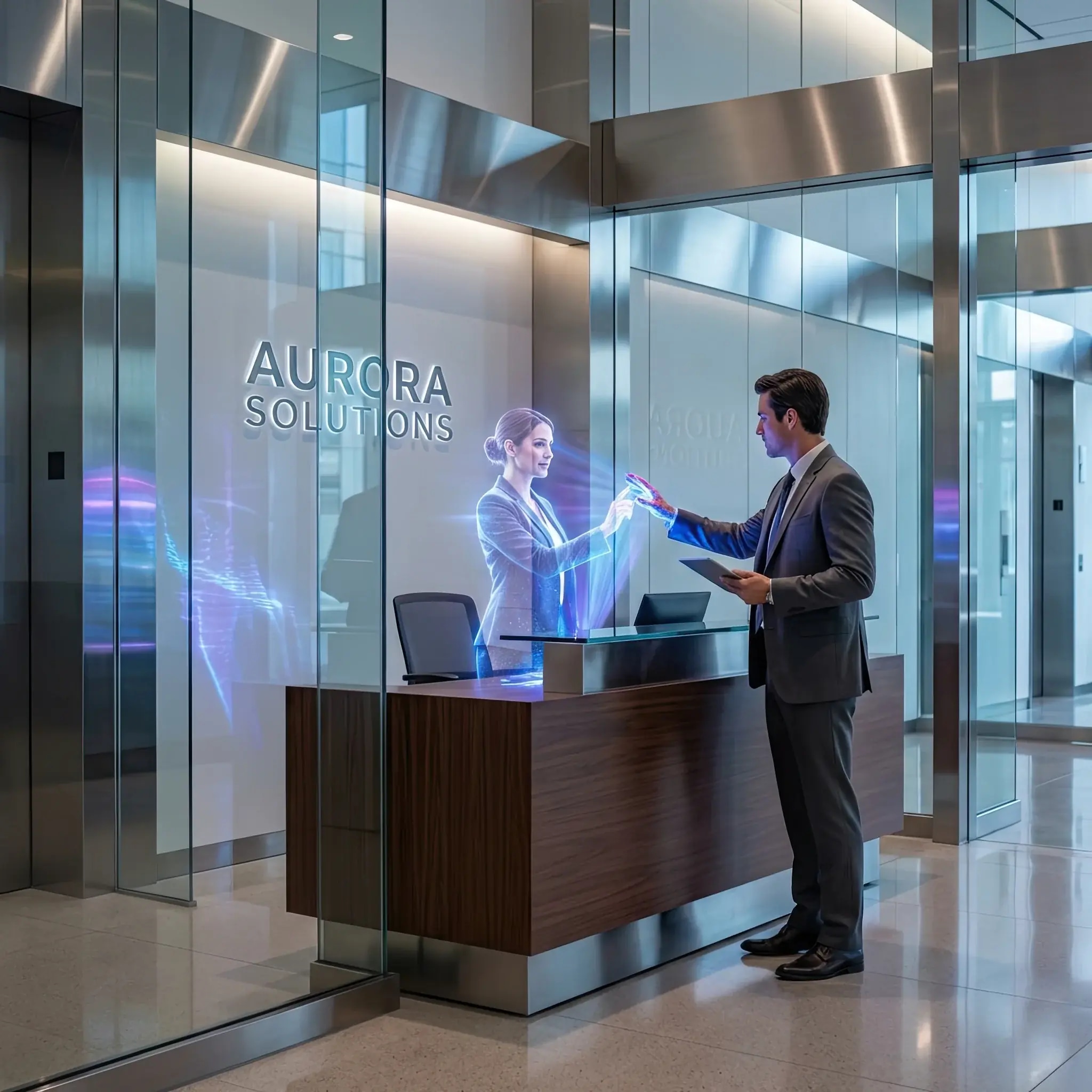 Архитектура и дизайн: Трехмерное световое изображение администратора парит над стойкой приемная, взаимодействуя с гостем