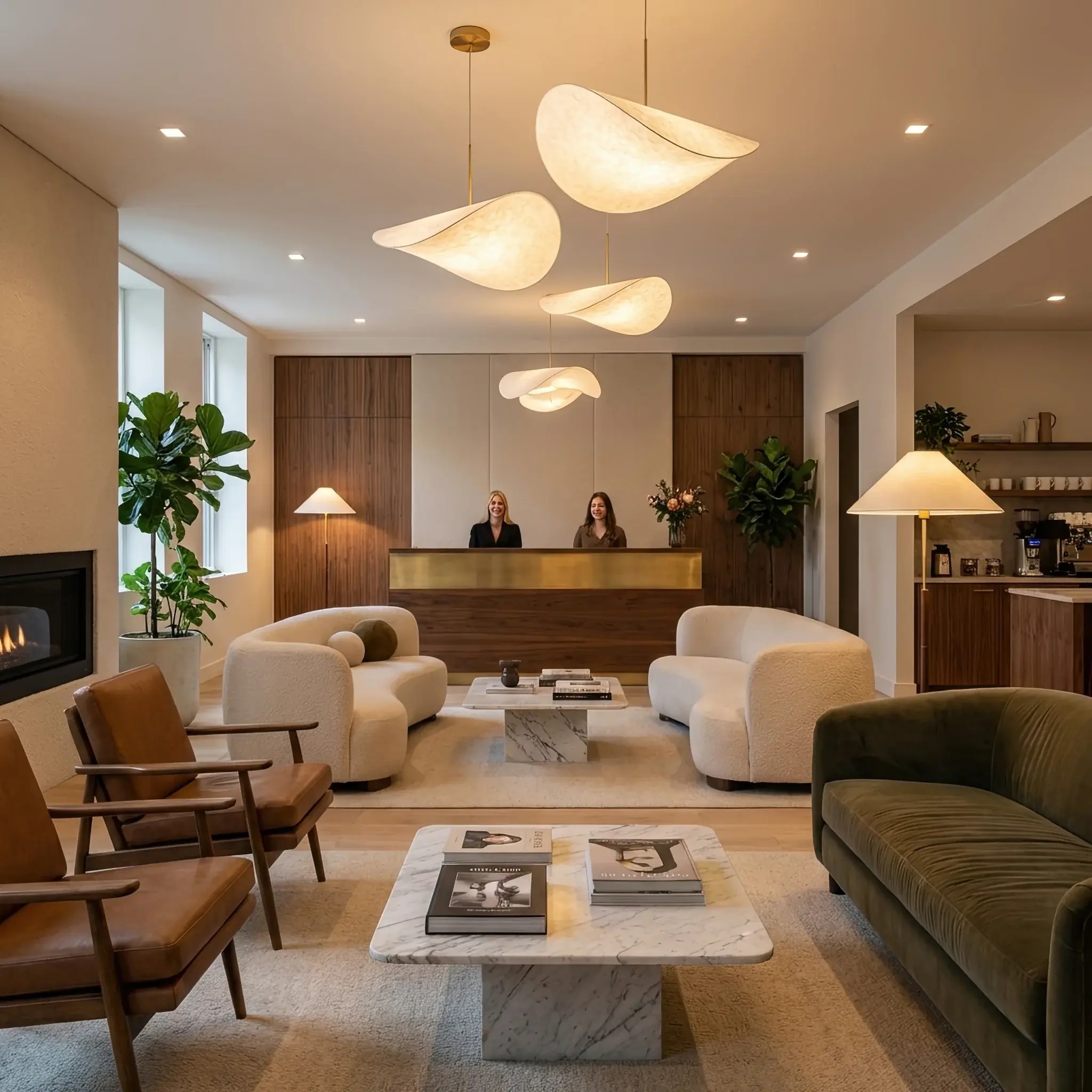 Архитектура и дизайн: Роскошное офисное вестибюль с мягкими зонами ожидания, кофе-станцией и премиальной стойкой приемная