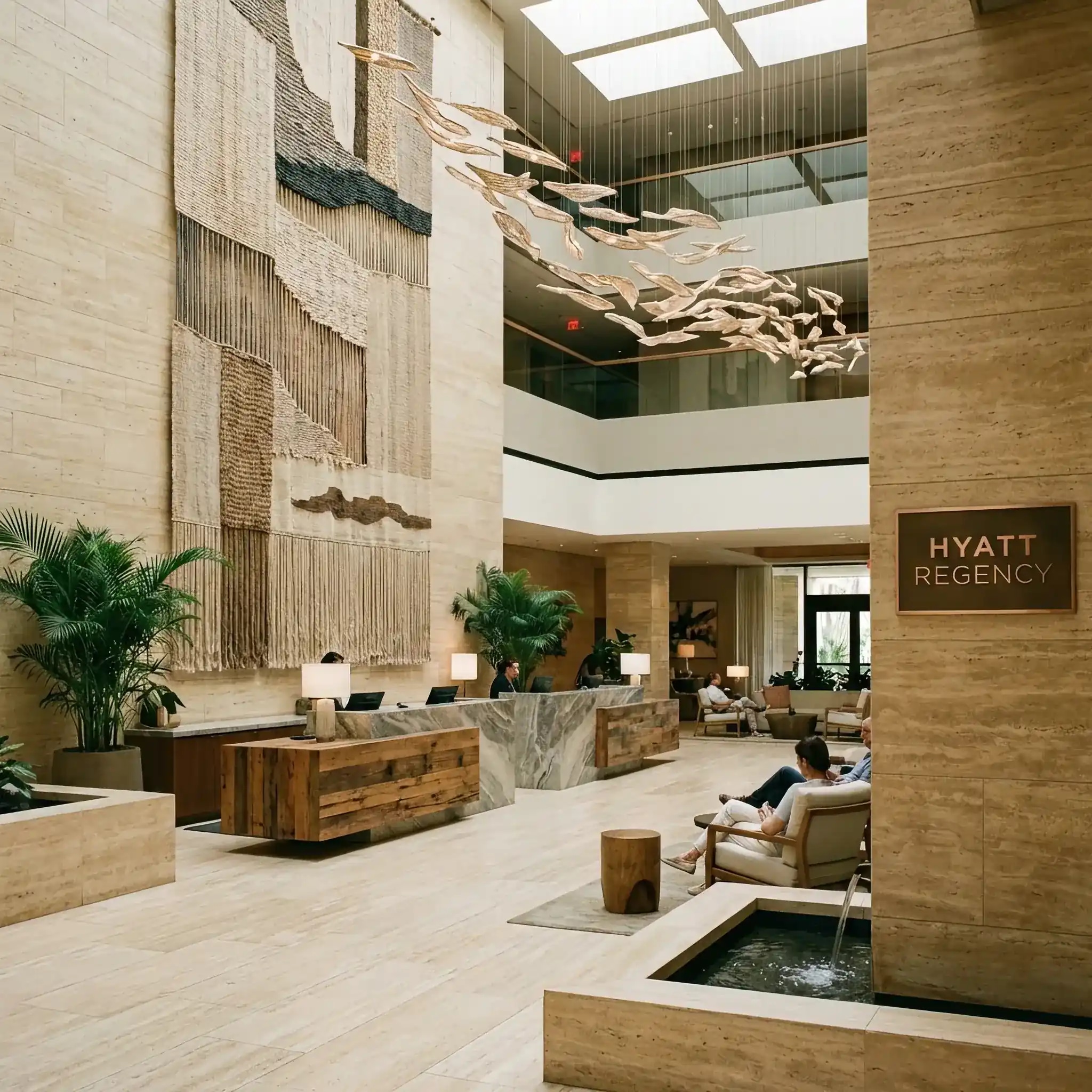 Архитектура и дизайн: Элегантное вестибюль отеля Park Hyatt с минималистичным стойка регистрации из темного камня и мягким освещением