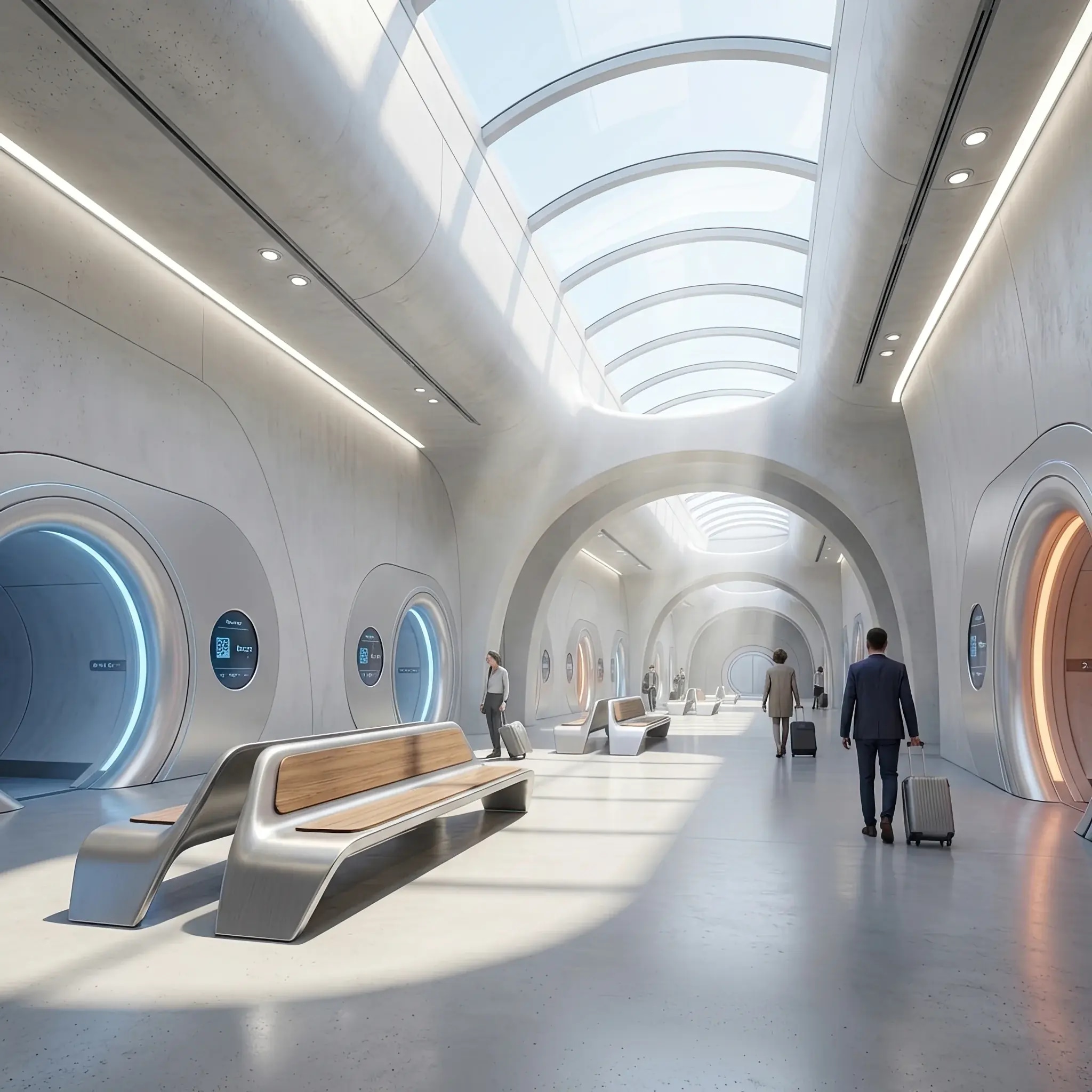 Архитектура и дизайн: Футуристический интерьер станции Hyperloop с гладкими белыми формами и светящимися порталами