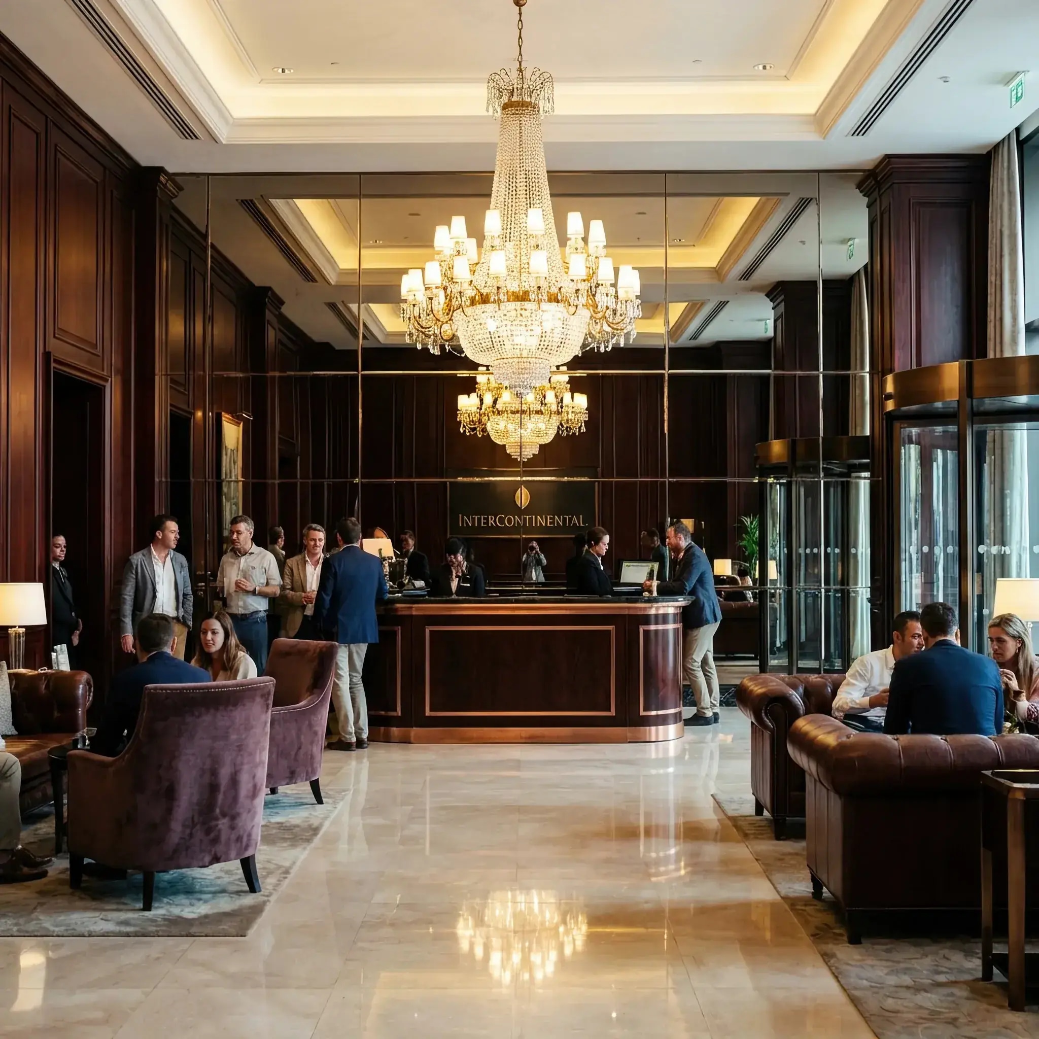 Архитектура и дизайн: Величественное вестибюль InterContinental с классической стойкой приемная из полированного дерева и бронзы