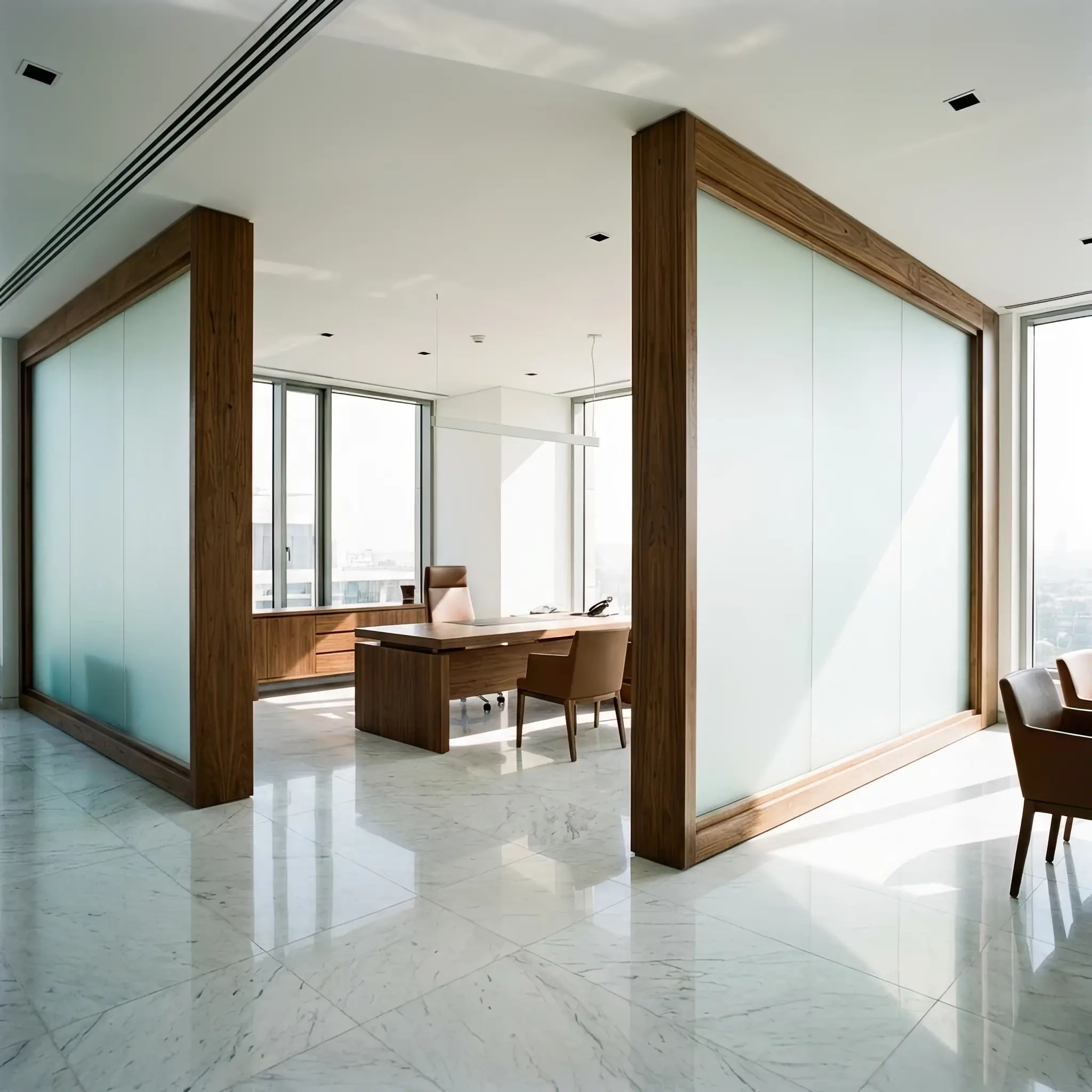 Архитектура и дизайн: Стеклянная перегородка в вестибюль мгновенно становится матовой, когда гость начинает конфиденциальный разговор, создавая мгновенную зону приватности