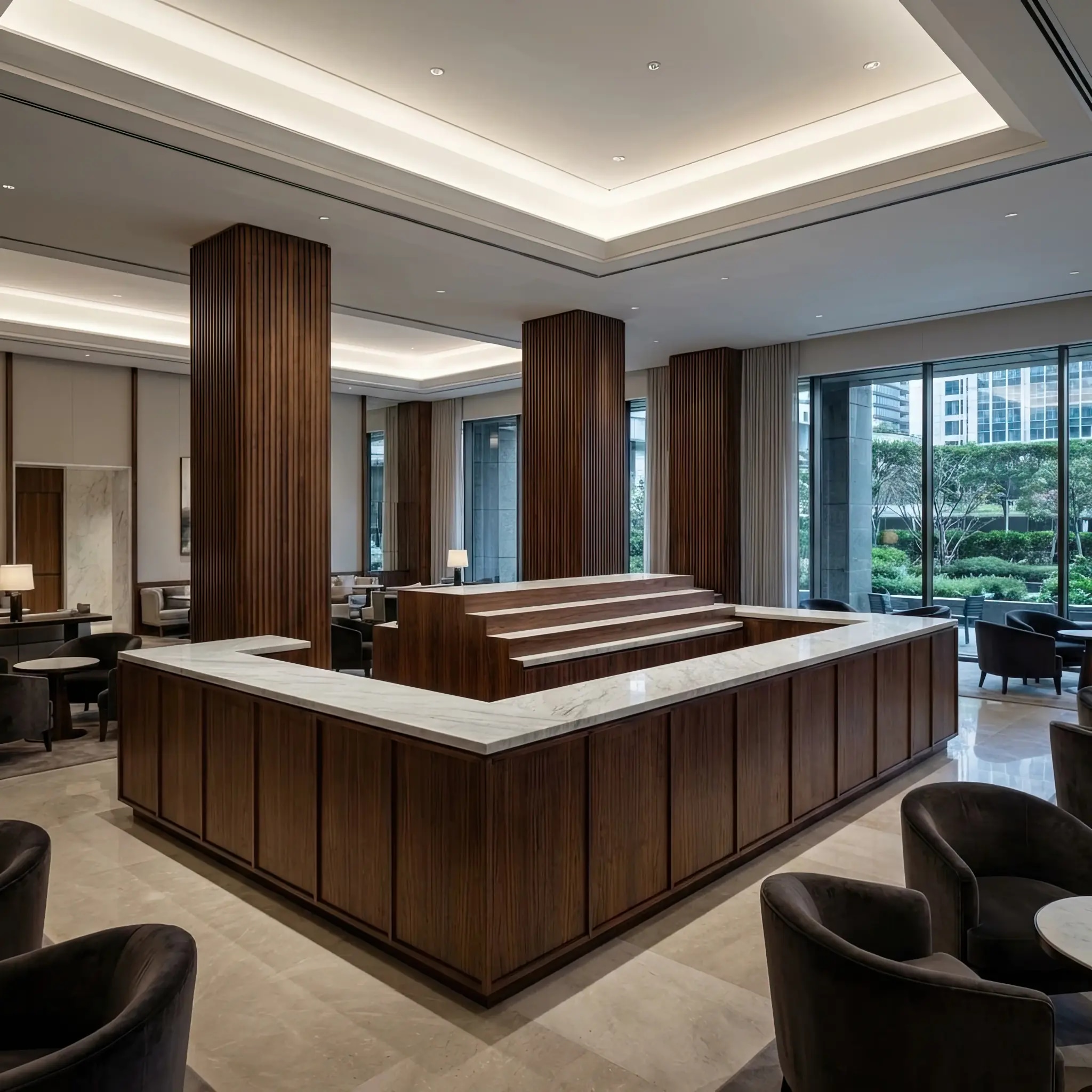 Архитектура и дизайн: Множество парящих капель разных напитков движутся в сложном танце внутри центрального оркестратора вестибюль