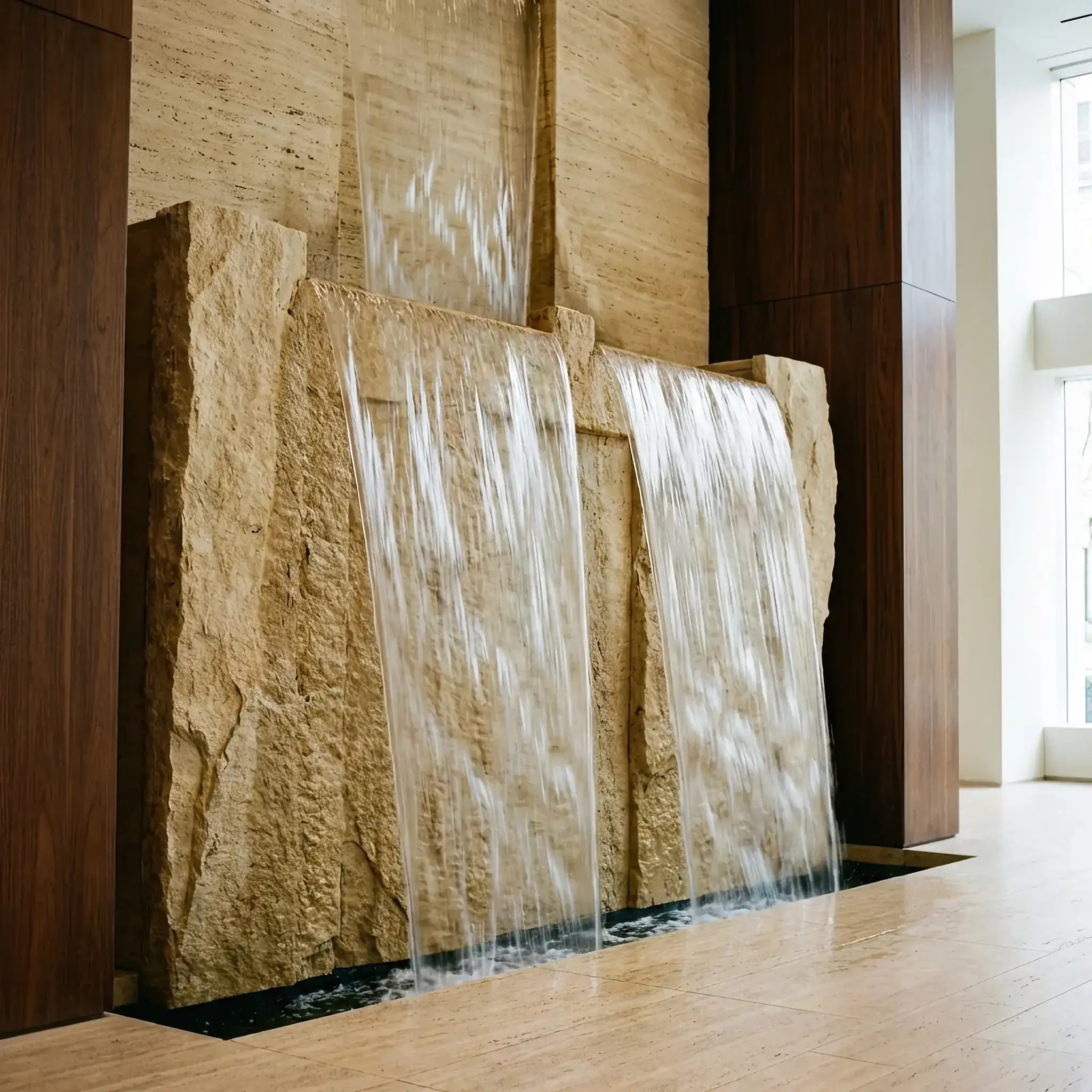 Архитектура и дизайн: Тысячи водяных капель парят в воздухе вестибюль, складываясь в танцующие узоры без использования стеклянных перегородок