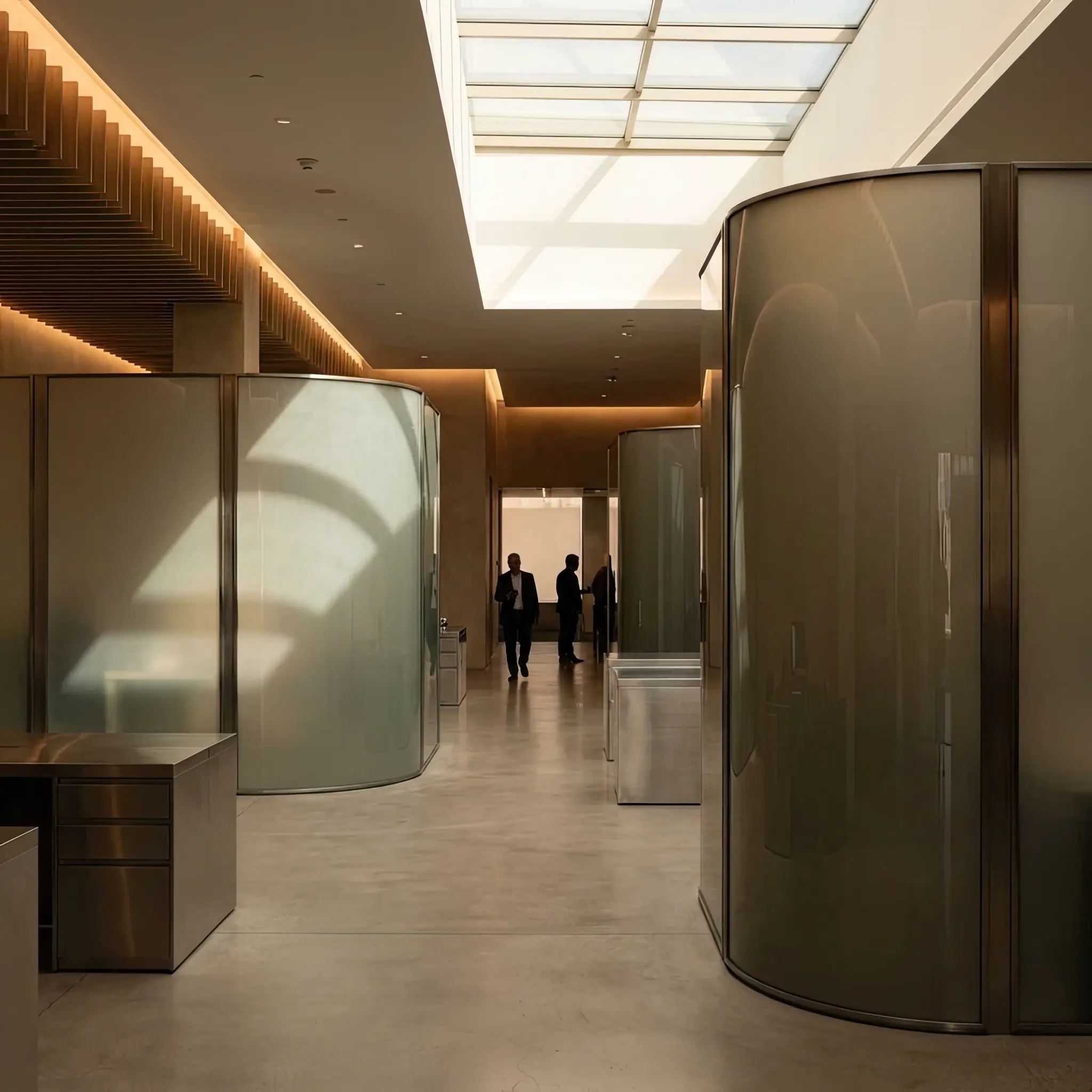 Архитектура и дизайн: Стойка приемная с перегородкой из умного стекла, меняющего прозрачность от матового к прозрачному