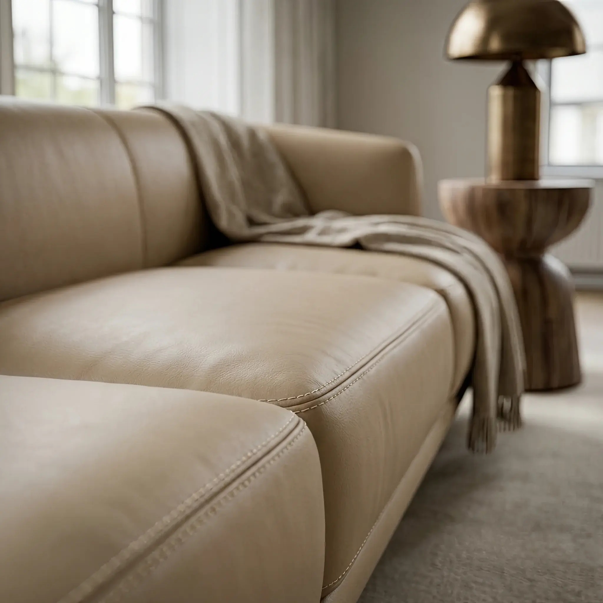 Архитектура и дизайн: Роскошный диван в зоне ожидания, обитый идеально гладкой бежевой кожей, выращенной в лаборатории