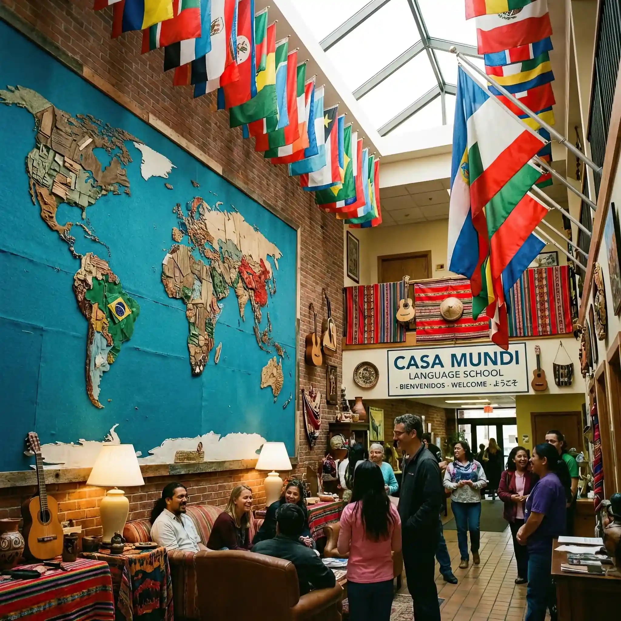 Архитектура и дизайн: Многоязычное вестибюль с флагами, картами мира и мультикультурными элементами оформление