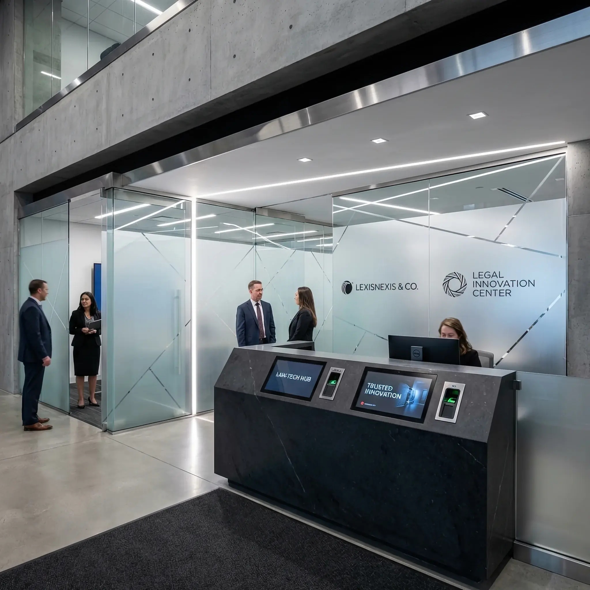 Архитектура и дизайн: Футуристичный вход в LegalTech узел: архитектура, отражающая интеграцию технологий и верховенство цифрового права