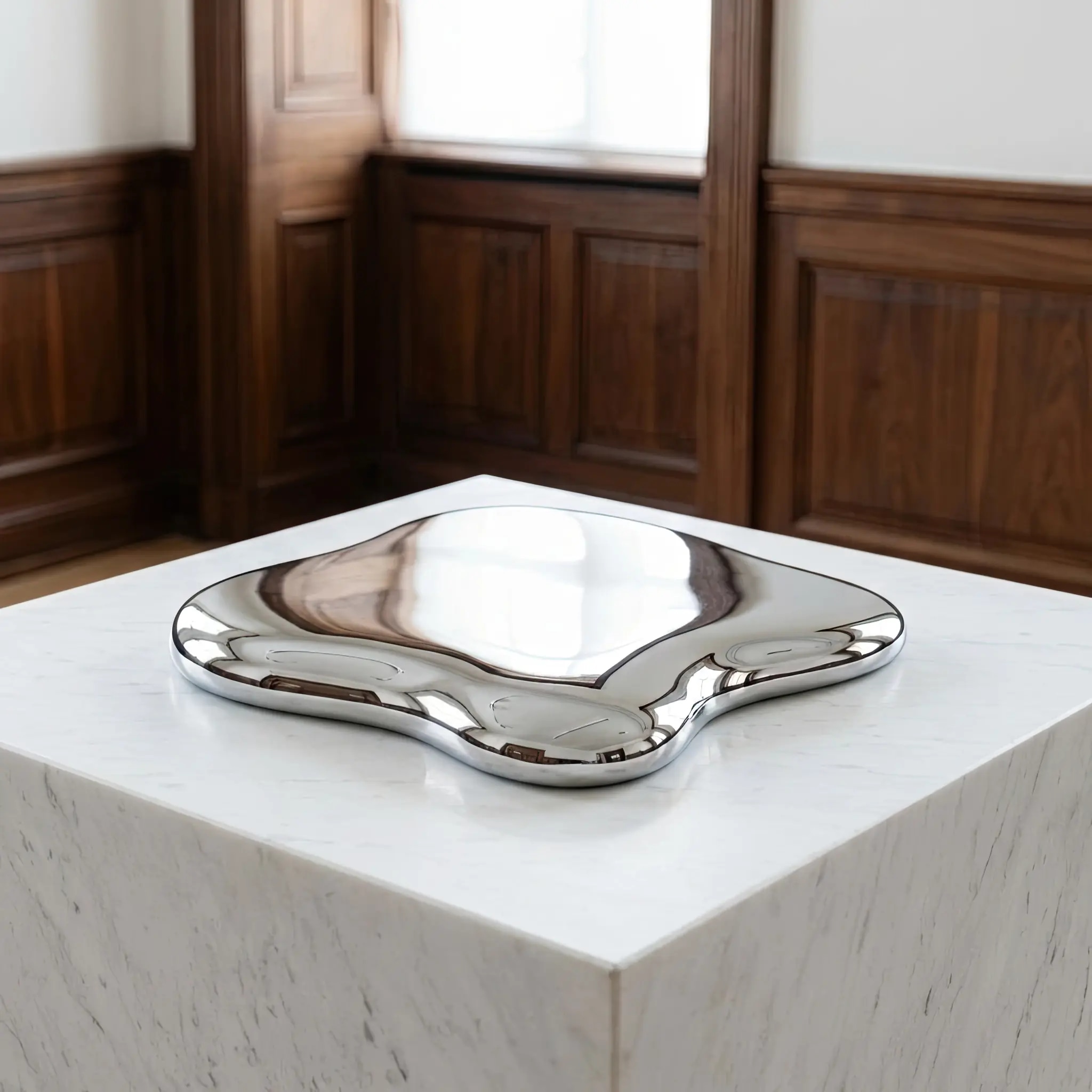 Архитектура и дизайн: Футуристическая скульптура в центре вестибюль, которая плавно меняет свою форму, напоминая текучую ртуть под управлением магнитных полей