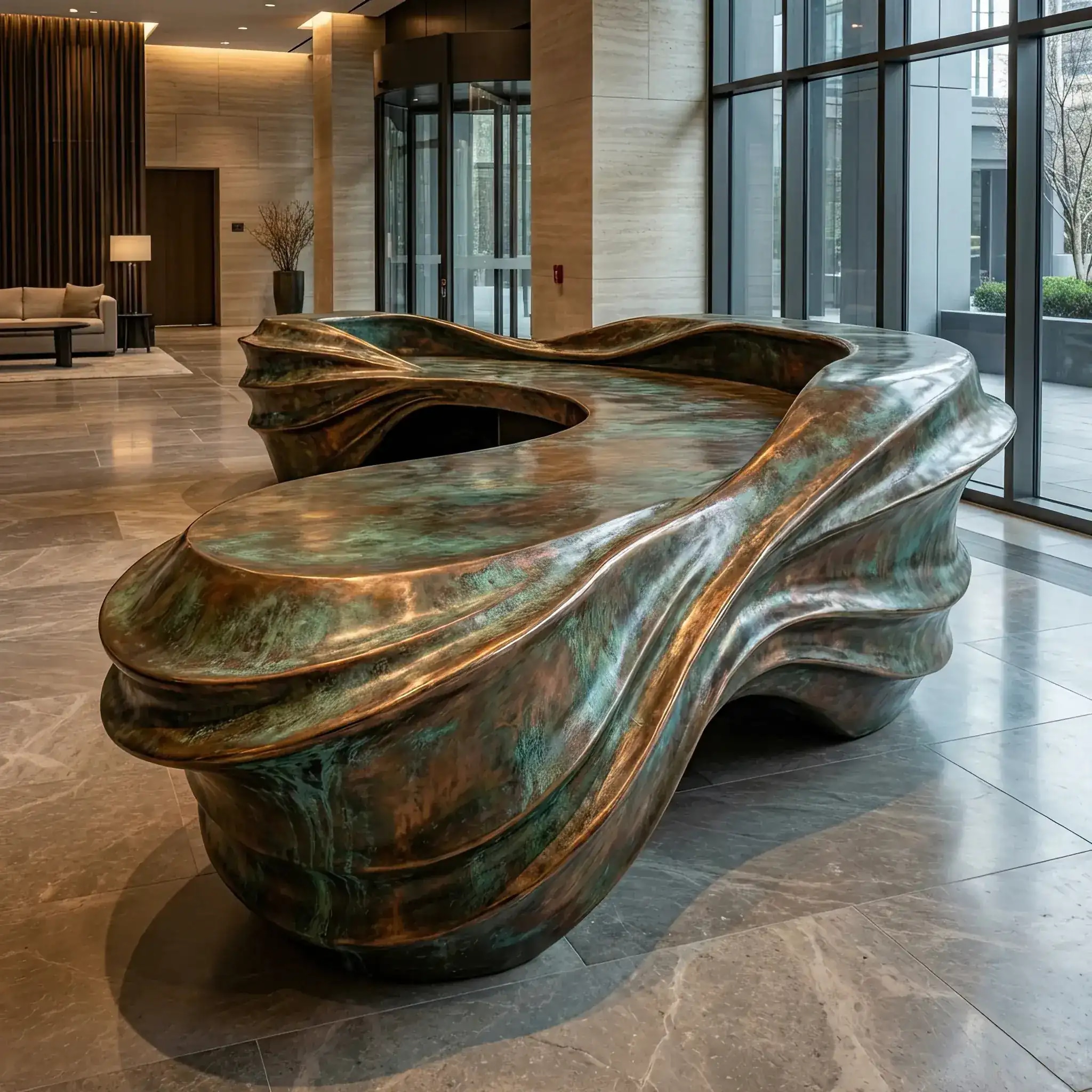 Архитектура и дизайн: Стойка приемная со сложной геометрией, покрытая жидким металлом с эффектом старой бронзы