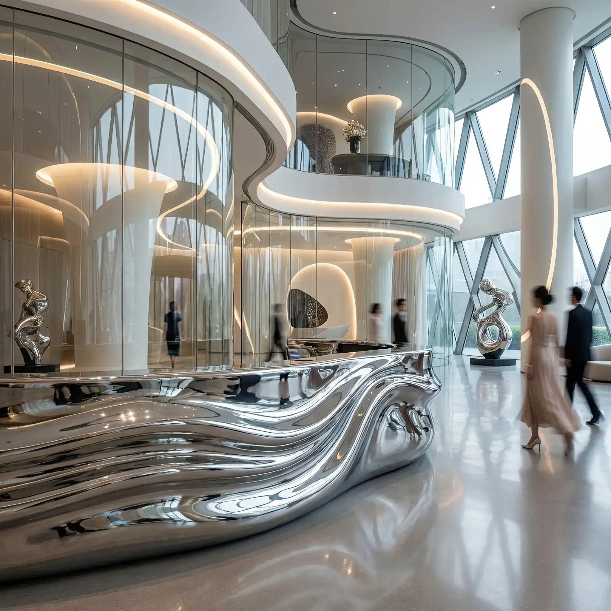 Архитектура и дизайн: Стойка приемная аморфной формы, покрытая зеркальным 'жидким' хромом, отражающим весь холл