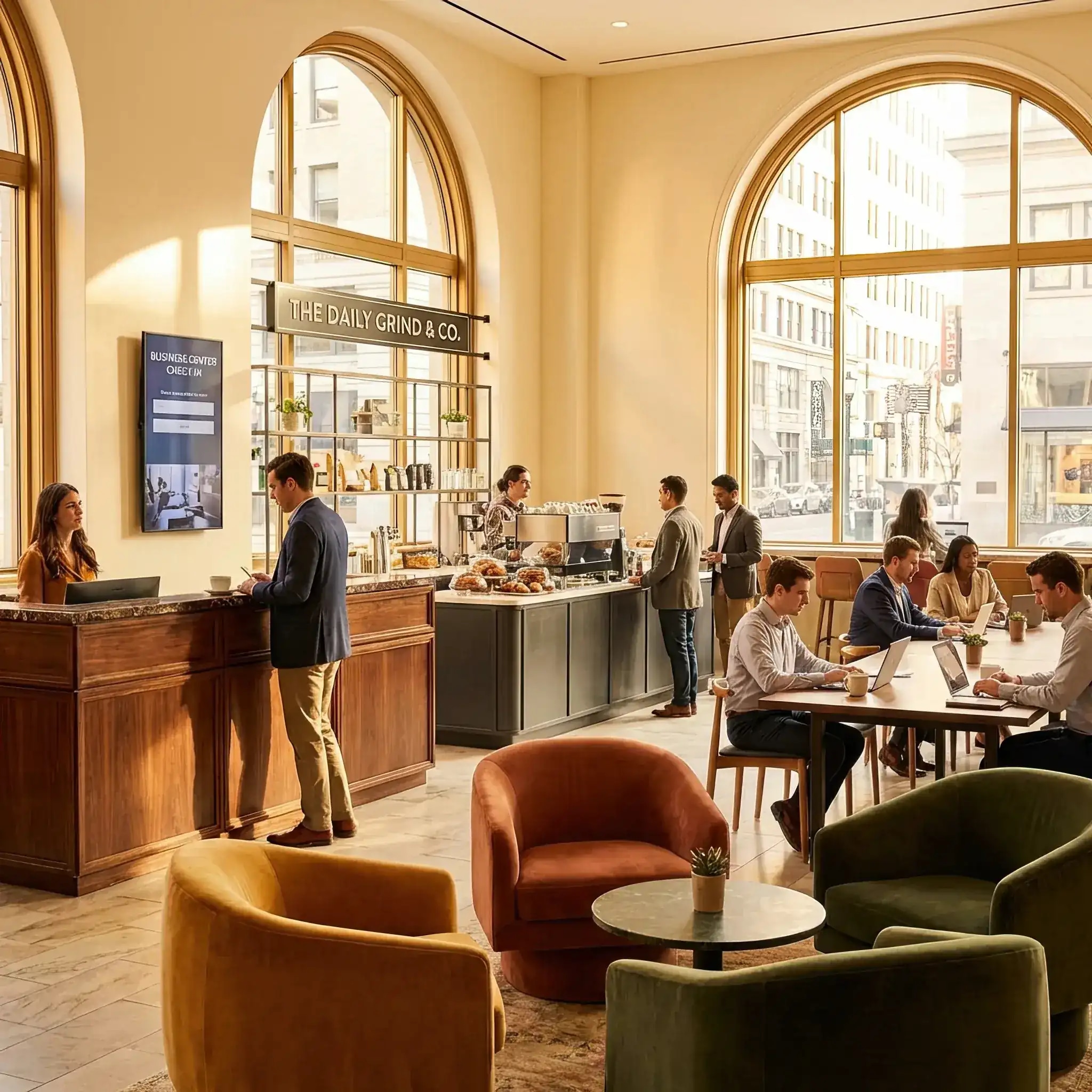 Архитектура и дизайн: Гибридное вестибюль, сочетающее приемная деловой центра и стильную кофейню с лаунж-зоной