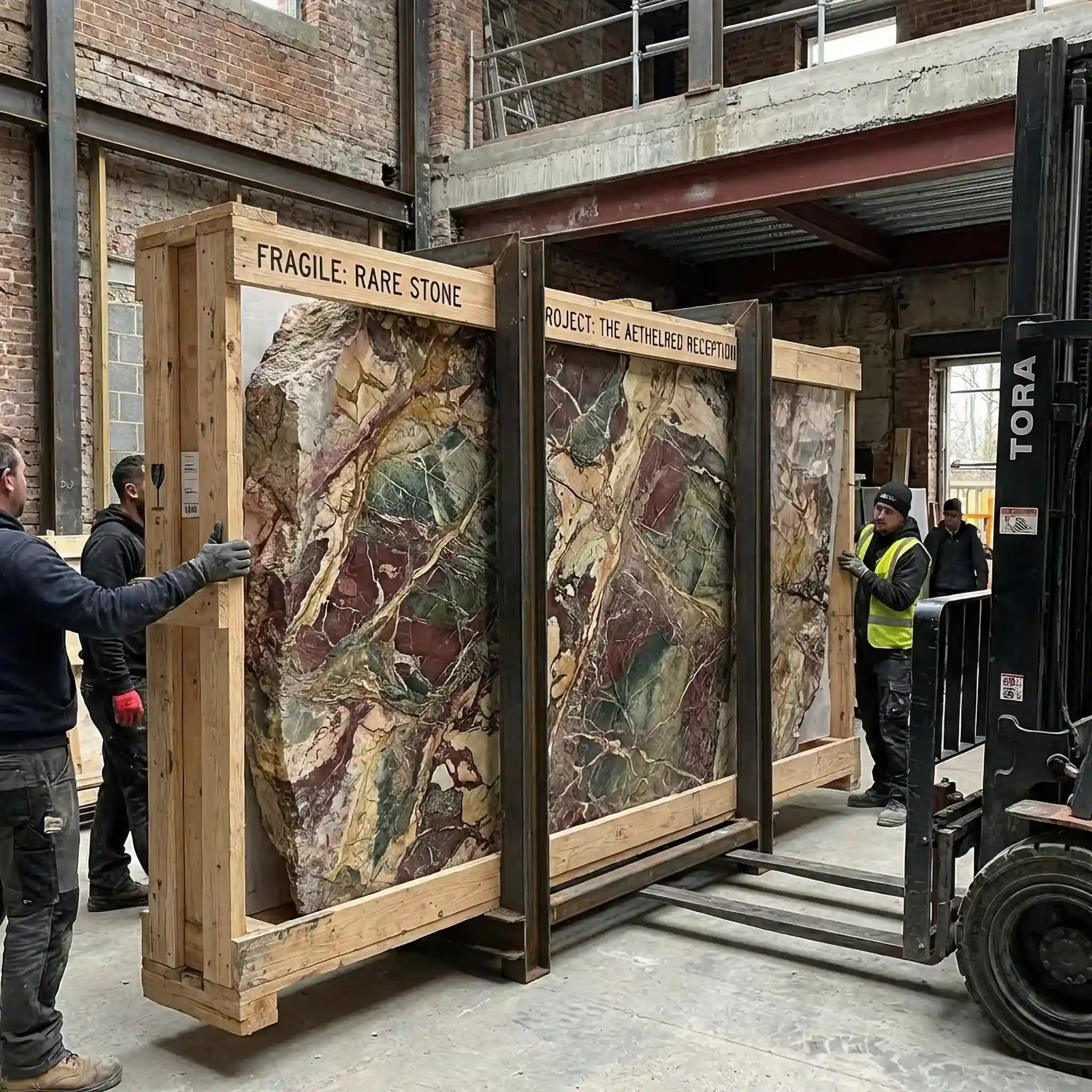Архитектура и дизайн: Транспортировка огромного слэба редкого камня в специально защищенной раме