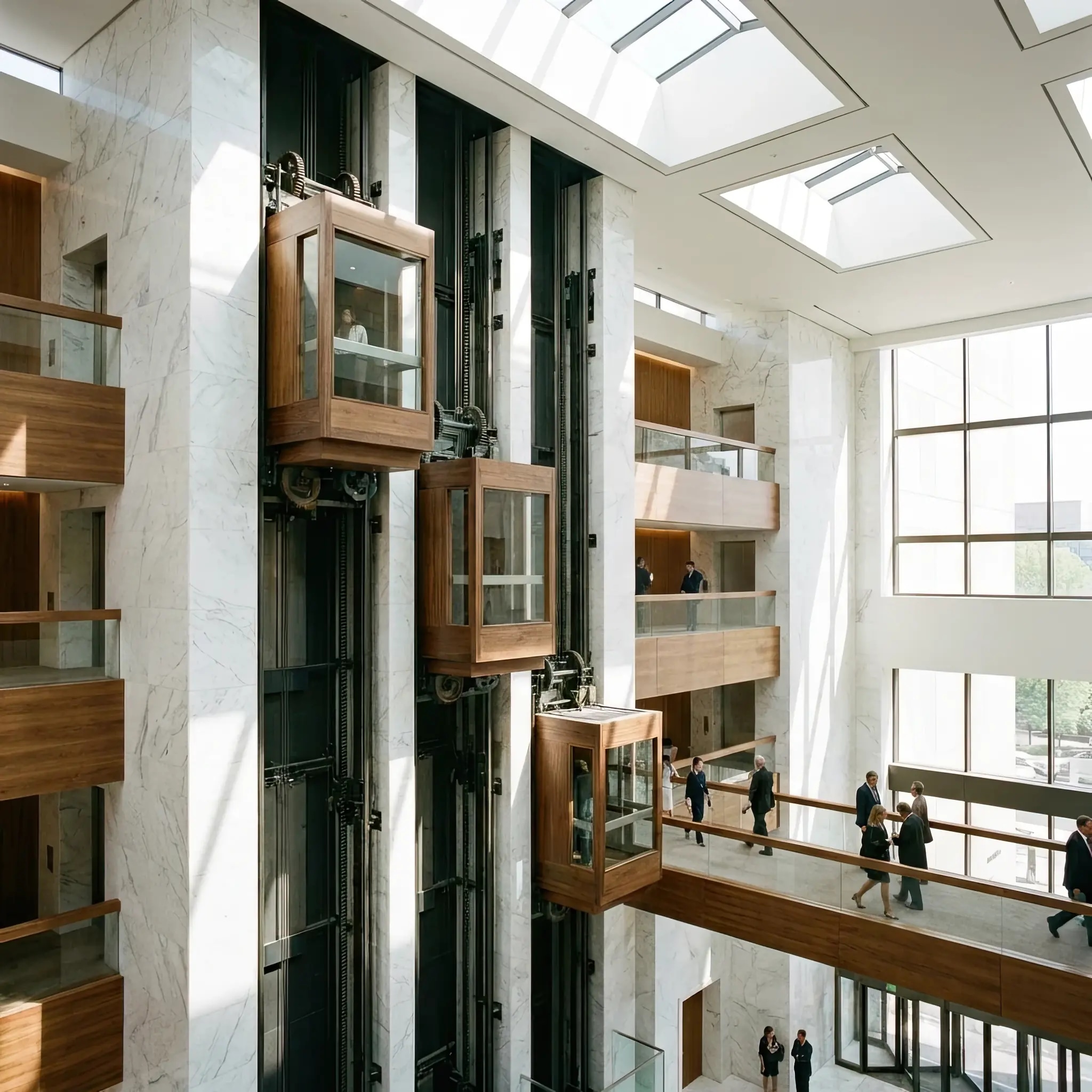 Архитектура и дизайн: Несколько лифтовых кабин одновременно движутся в разных направлениях по открытой шахте в атриуме вестибюль, управляемые магнитными полями