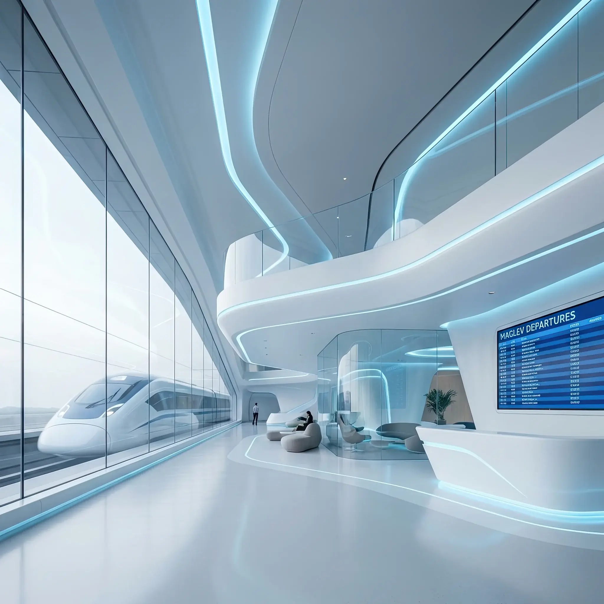 Архитектура и дизайн: Минималистичный интерьер вокзала Маглев с парящими элементами дизайна и обтекаемыми формами
