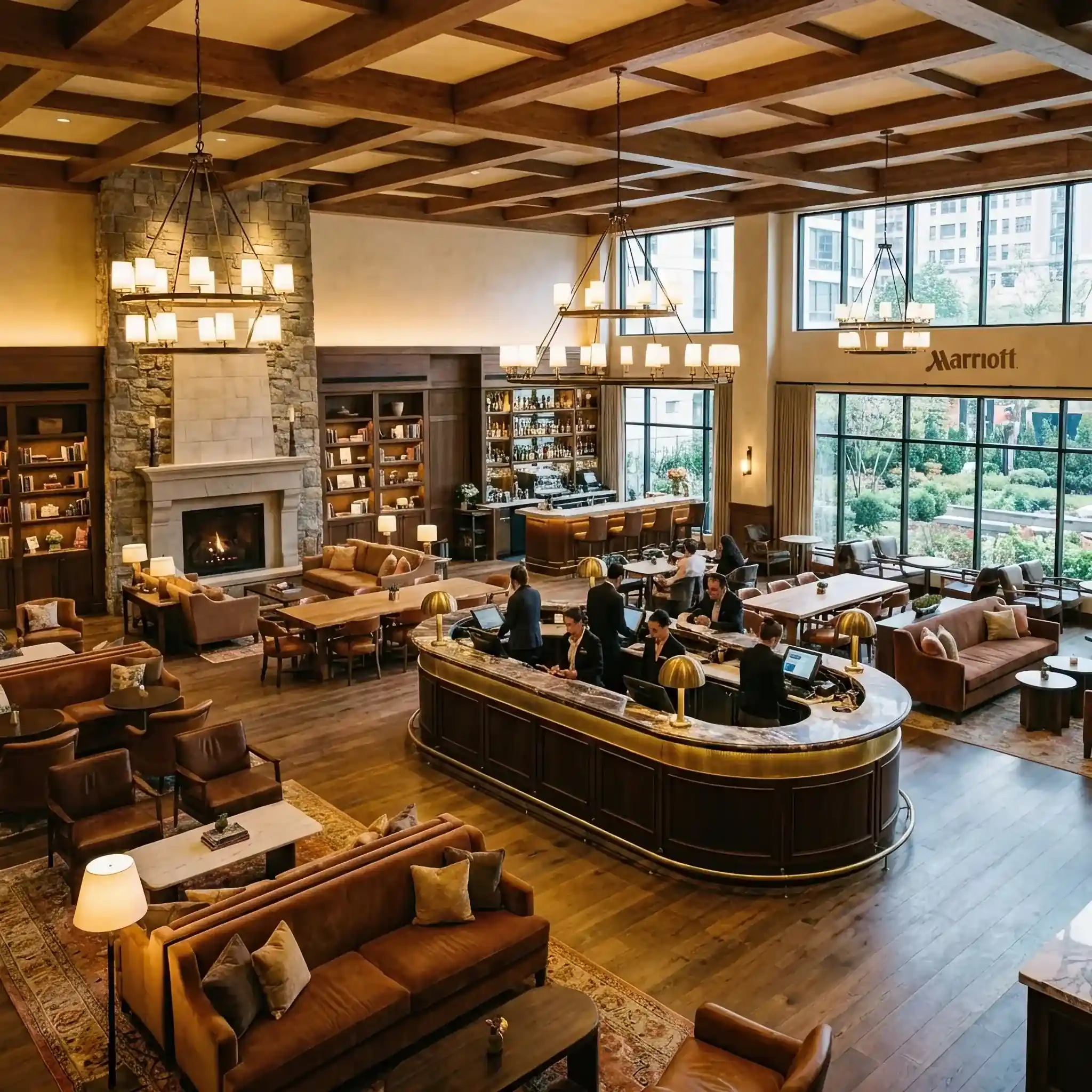 Архитектура и дизайн: Просторное и многофункциональное вестибюль отеля Marriott с центральной зоной приемная в стиле Greatroom