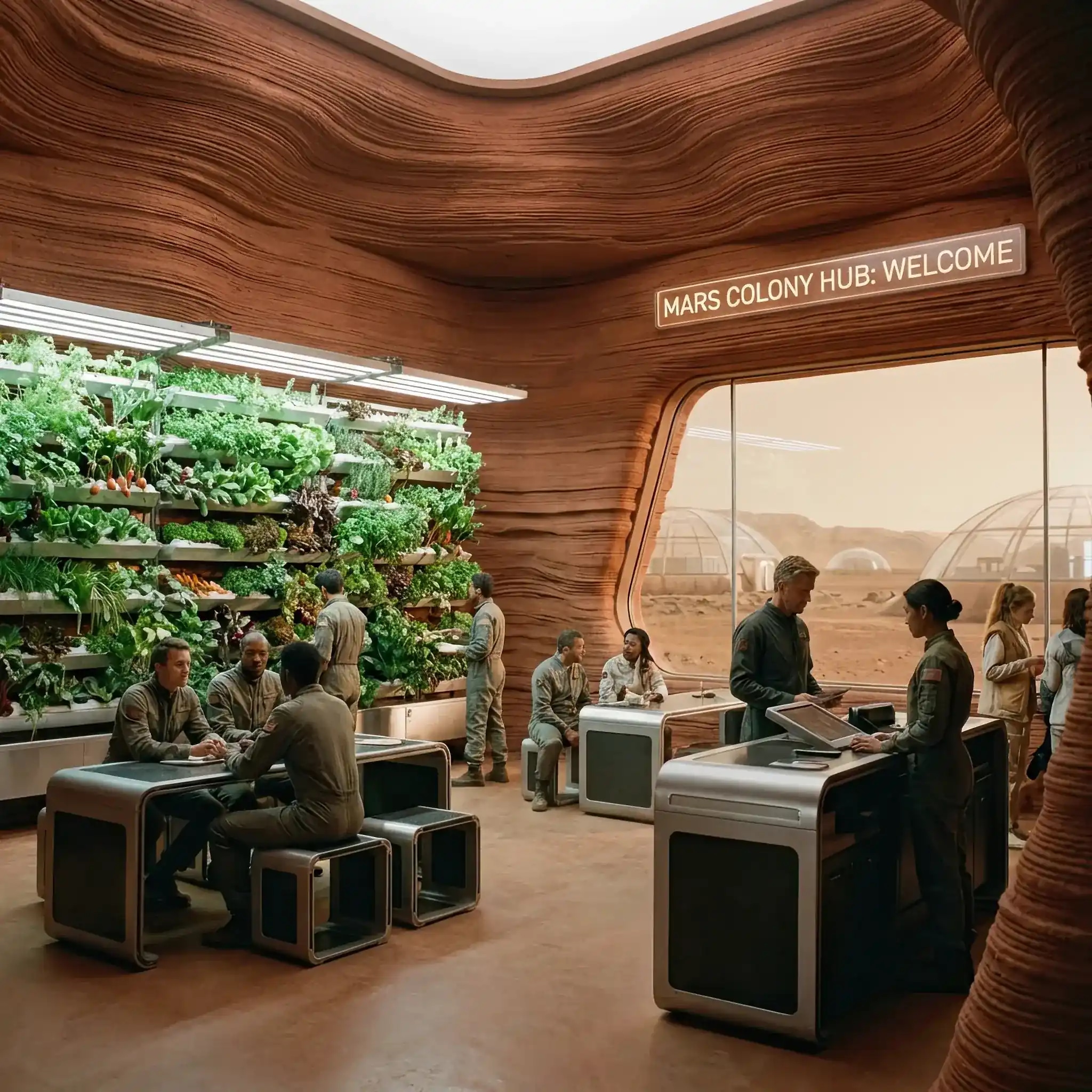 Архитектура и дизайн: Приемная, напечатанный из имитации марсианского реголита, с зеленой стеной гидропоники