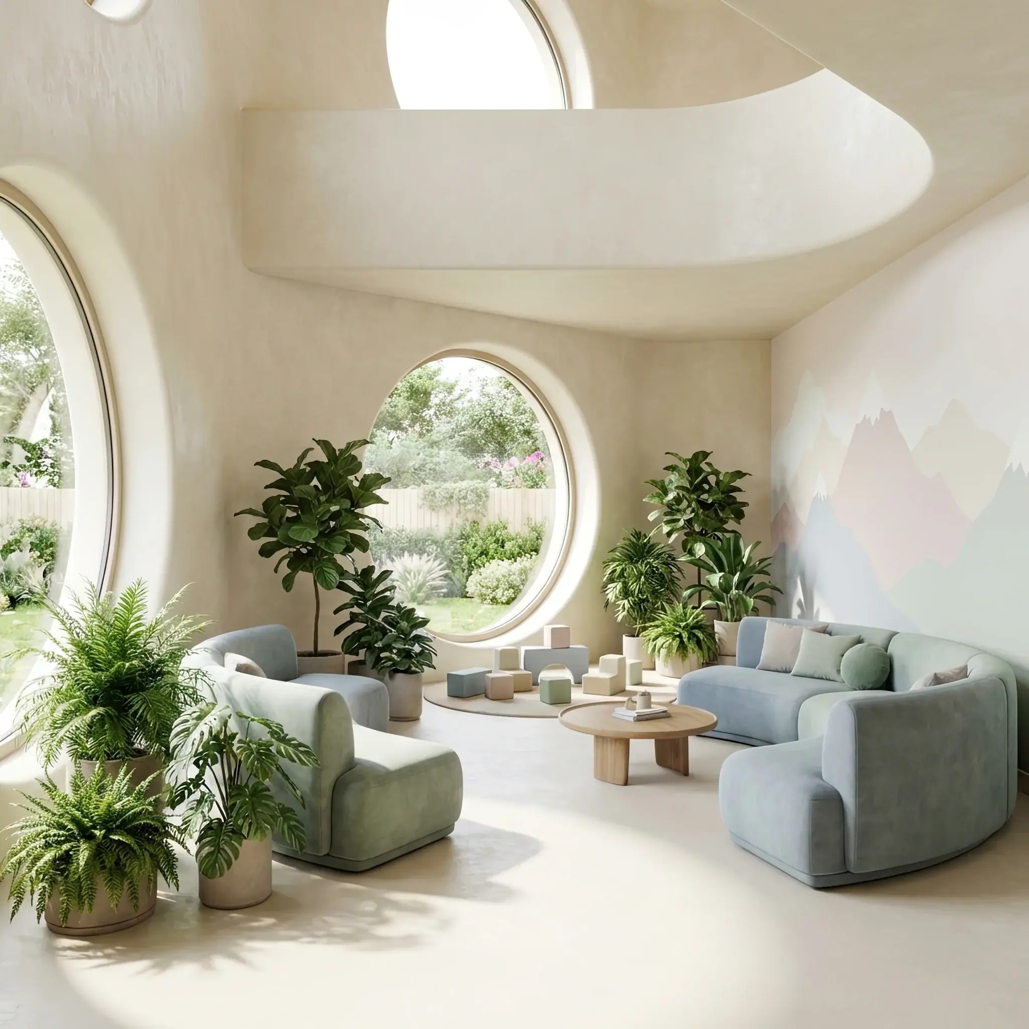 Архитектура и дизайн: Светлое вестибюль роддома с округлыми стенами, обилием живых растений и эргономичными диванами