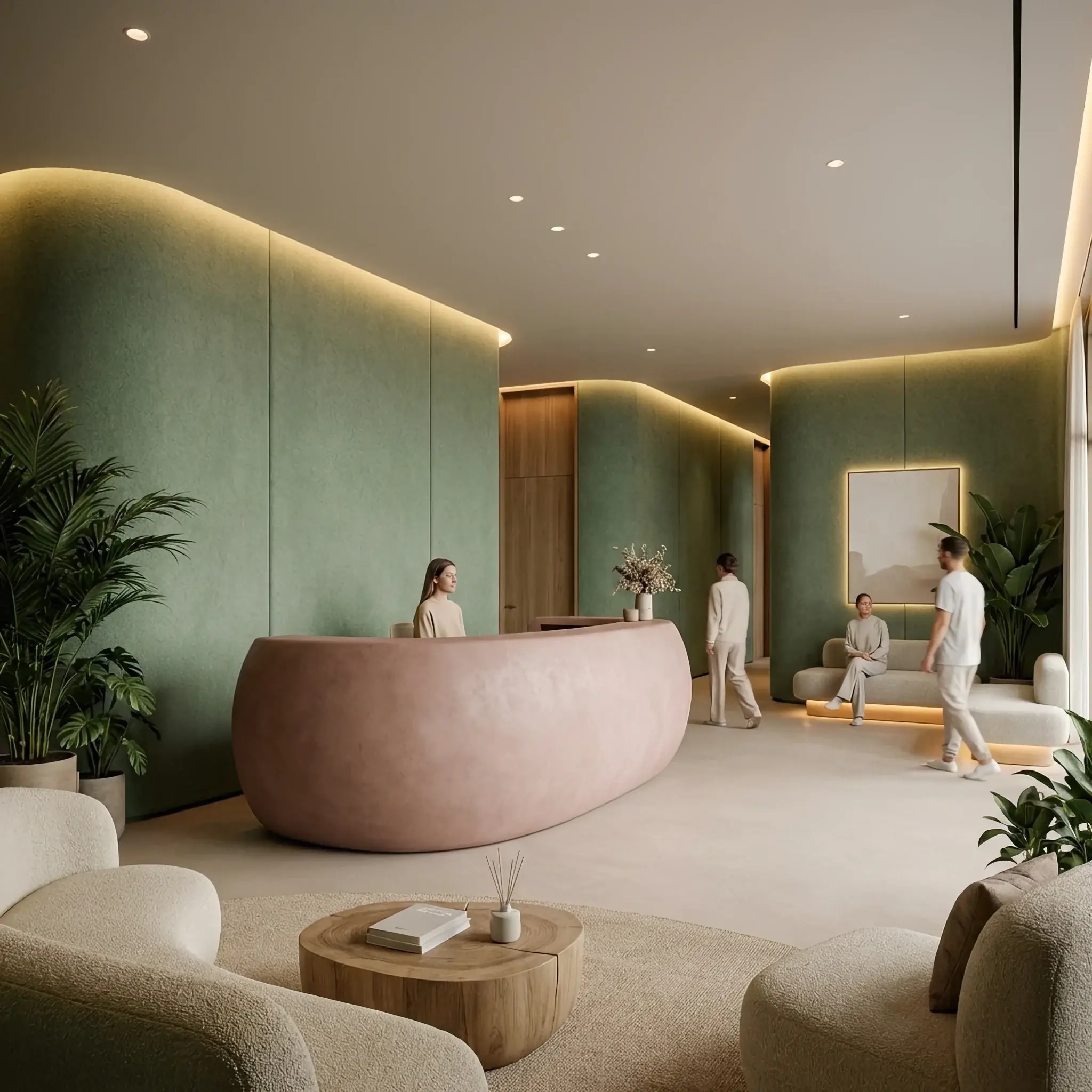 Архитектура и дизайн: Уютное, обволакивающее пространство вестибюля в пастельных тонах с округлой мебелью и мягким светом