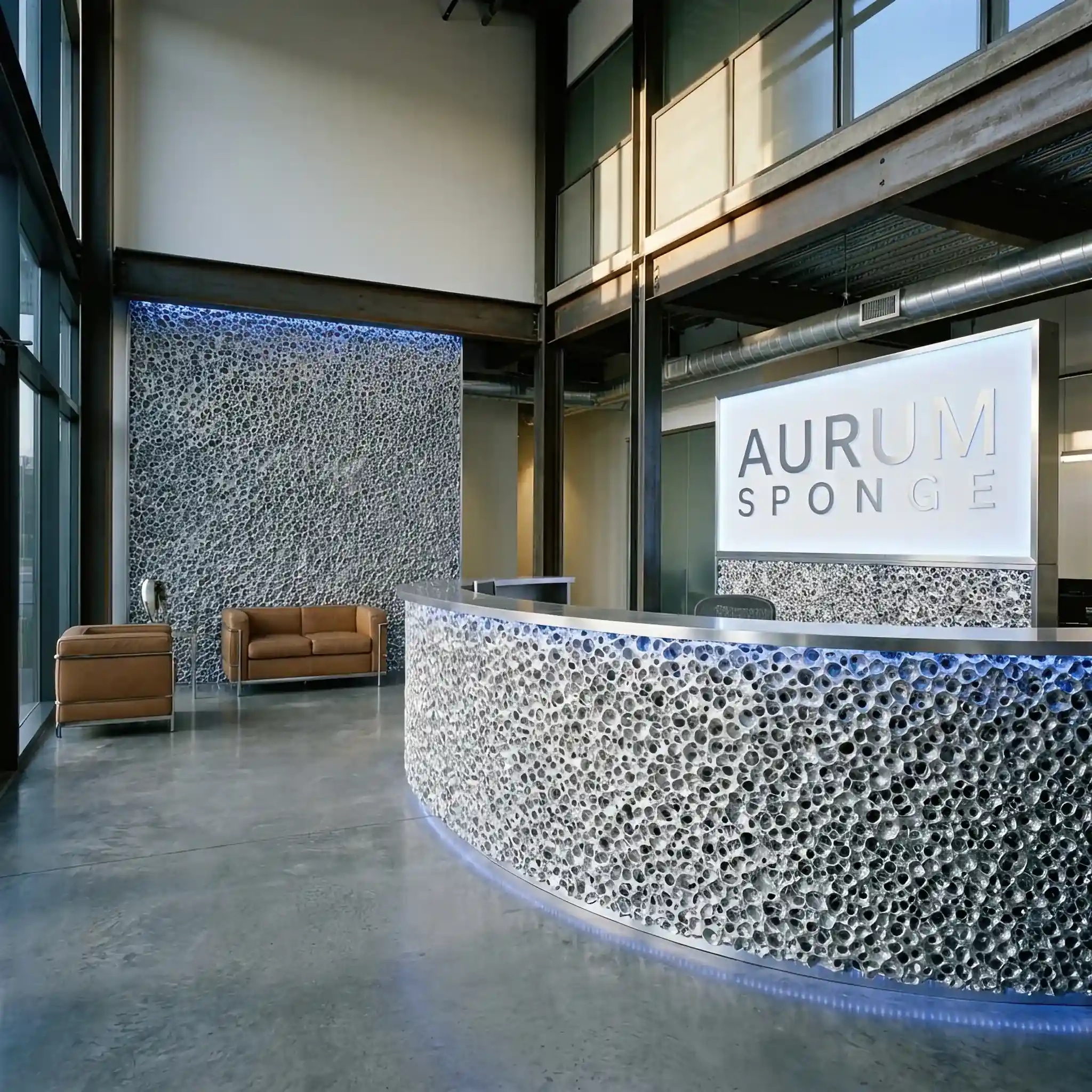 Архитектура и дизайн: Стена и стойка приемная из серебристой алюминиевой пены, подсвеченной синим светом