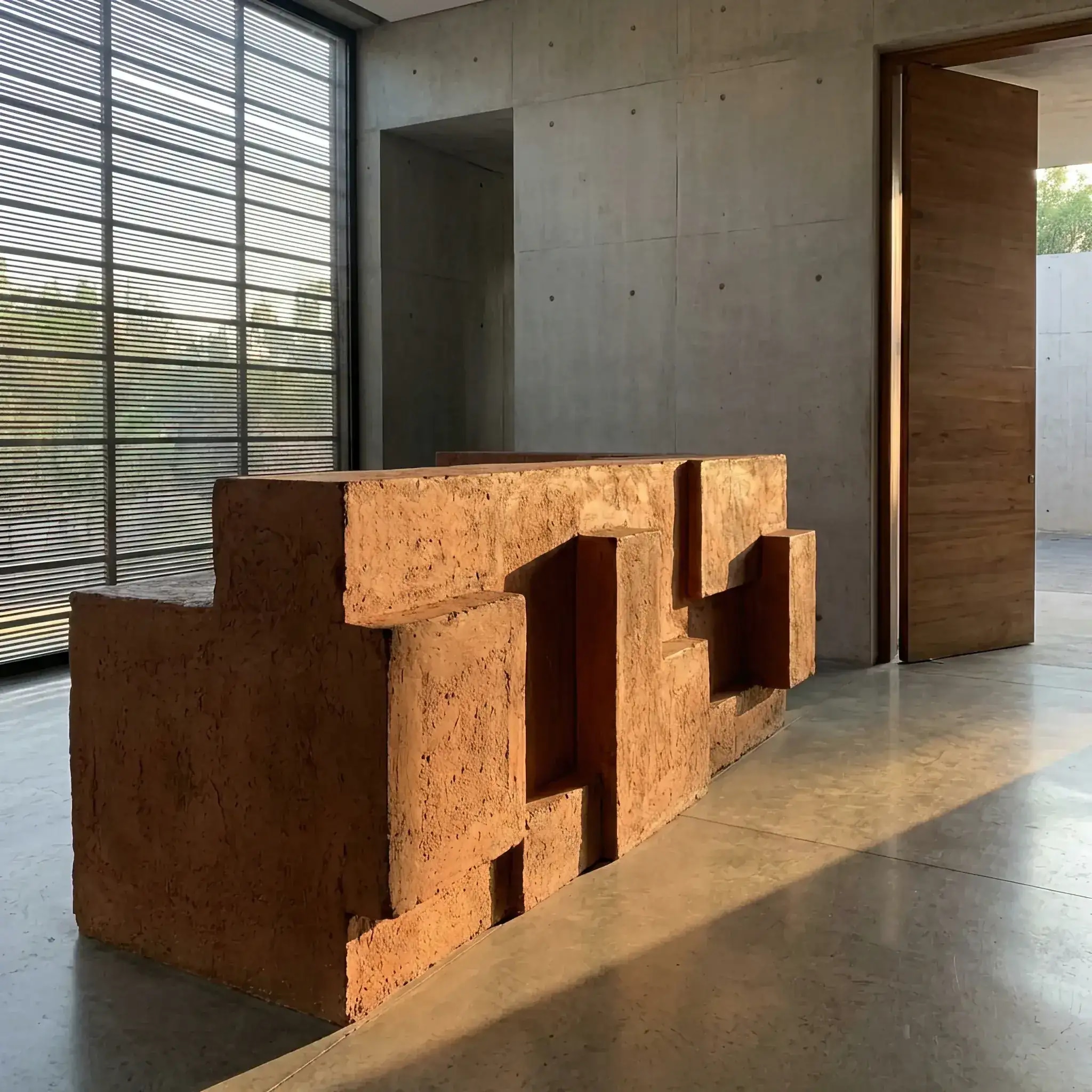 Архитектура и дизайн: Скульптурный приемная землистого цвета с грубой фактурой адоба (глины) на фоне бетонных стен