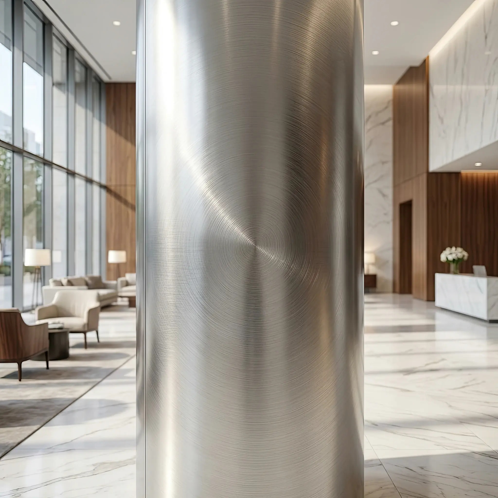 Архитектура и дизайн: Деталь полированной стальной колонны в вестибюль, где микро-царапина затягивается защитным составом, сохраняя материальное совершенство отделки