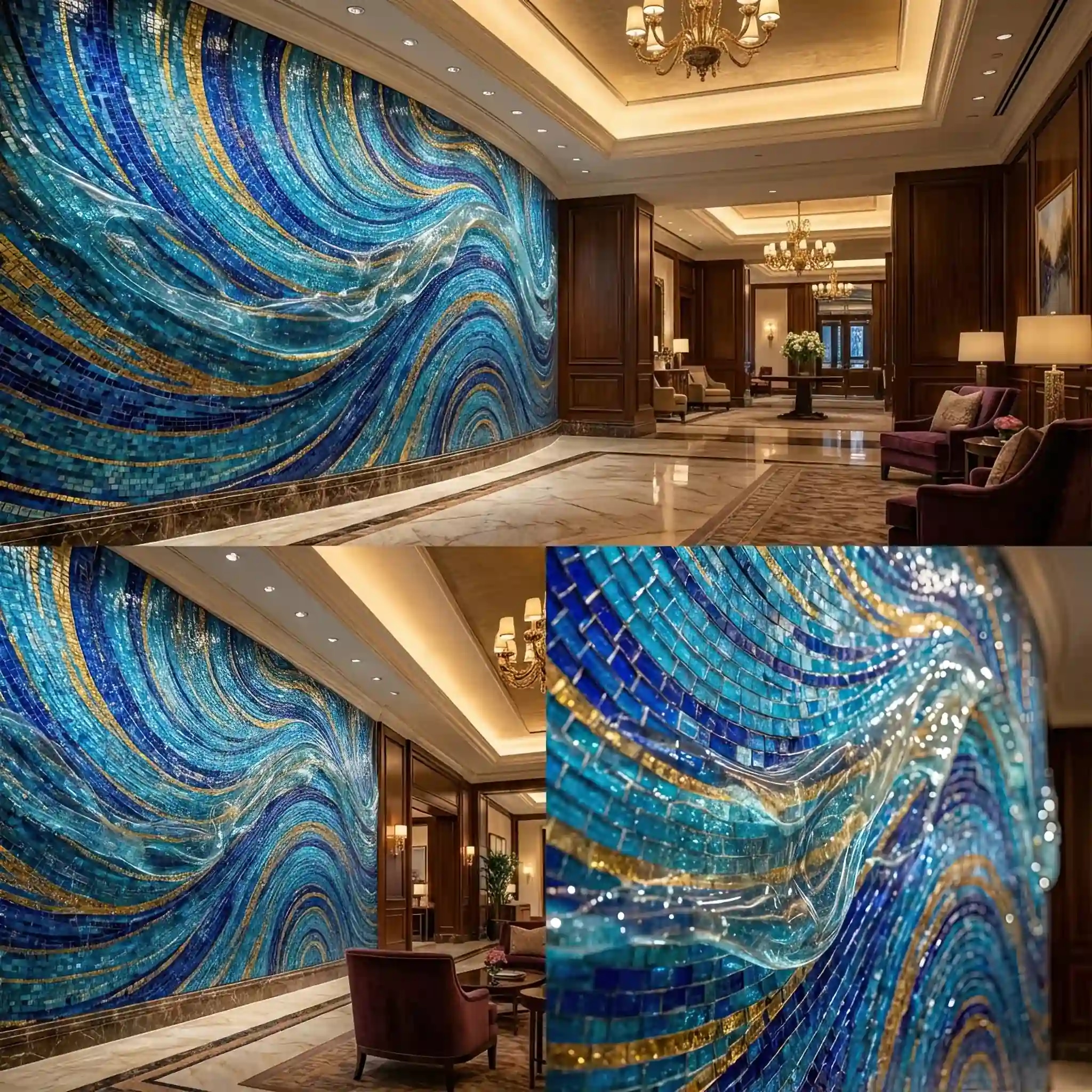 Архитектура и дизайн: Техники наносят финальный слой защиты на масштабное мозаичное панно из золотой смальты в центре вестибюль