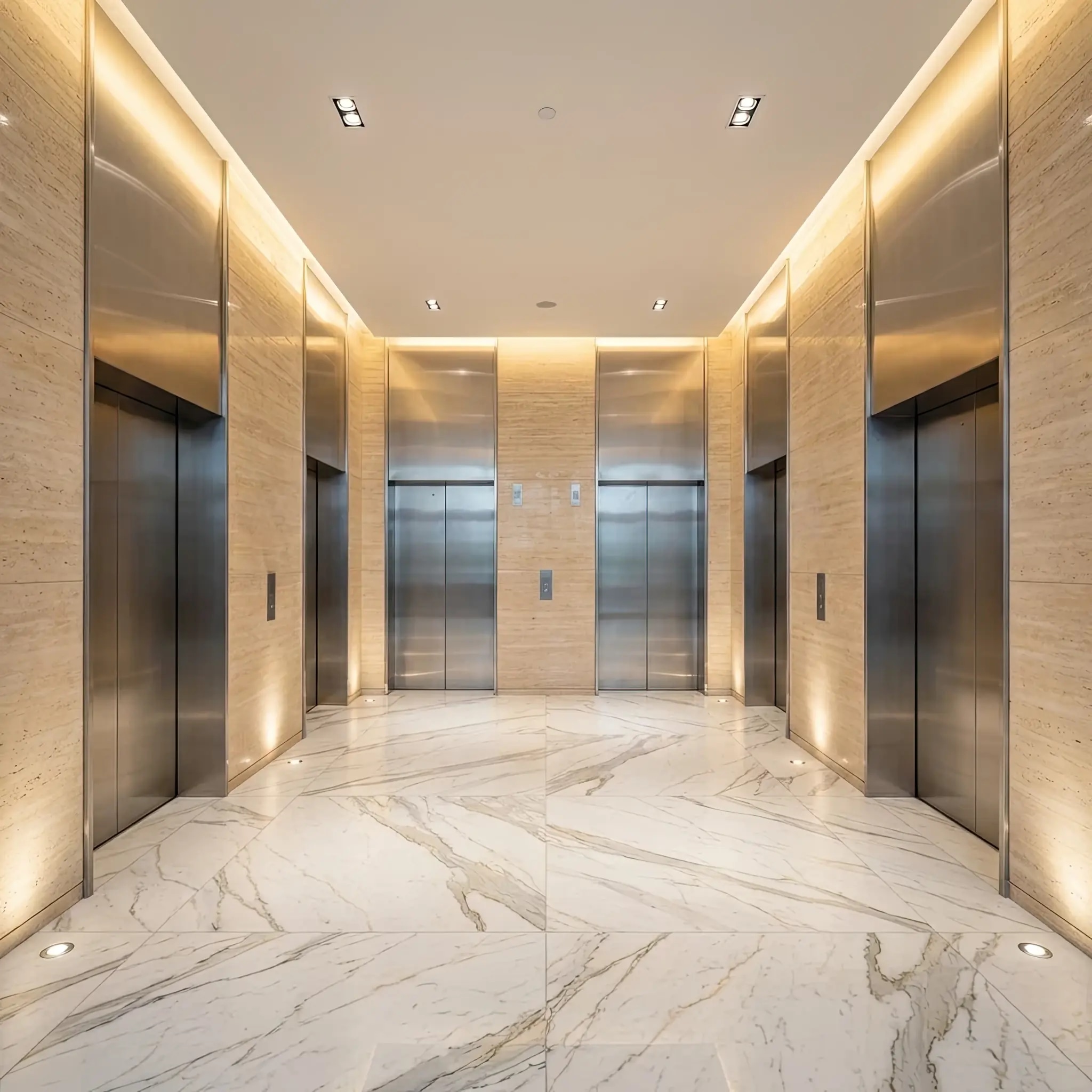 Архитектура и дизайн: Лифтовой портал из шлифованной розовой бронзы: нано-композитное покрытие с восстанавливающими капсулами обеспечивает зеркальную чистоту створок