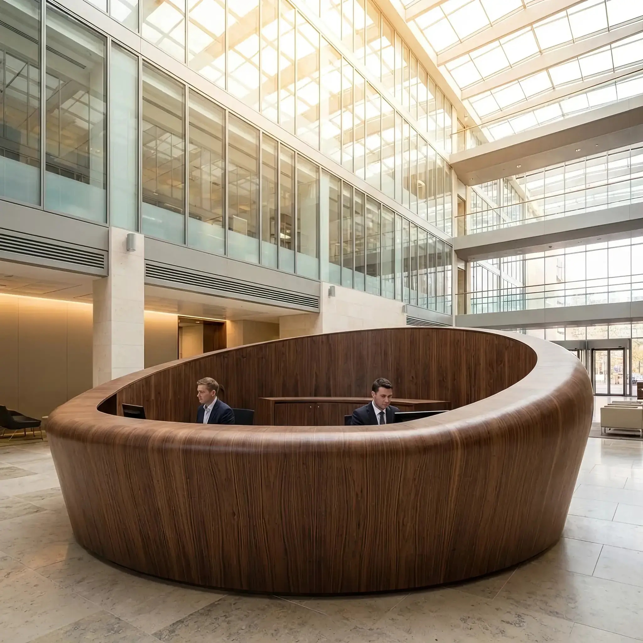 Архитектура и дизайн: Посетитель изучает карту вестибюль на информационной стойке: нано-покрытие защищает поверхность от следов пальцев и микро-царапин