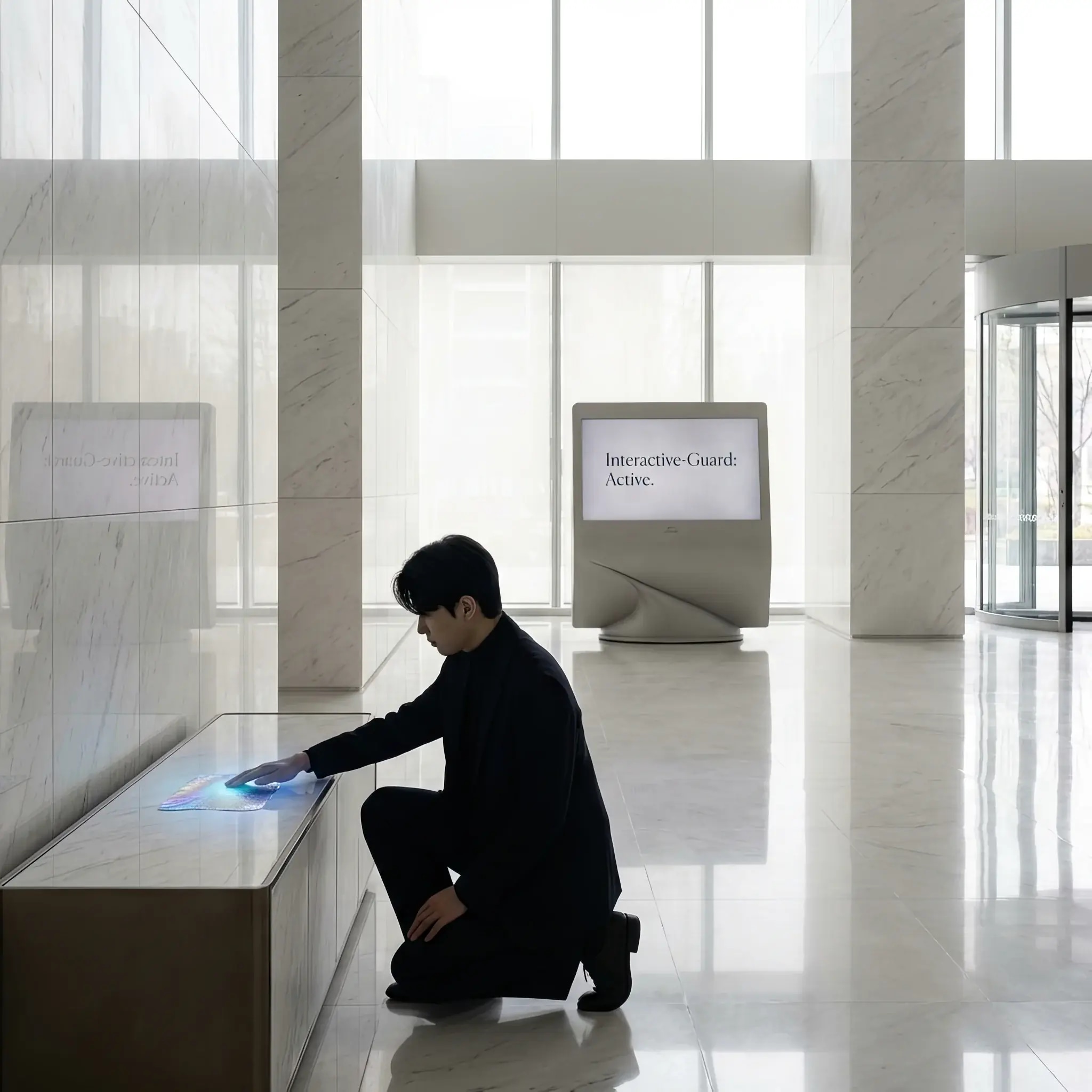 Архитектура и дизайн: Гость взаимодействует с интерактивной инсталляцией в вестибюль: покрытие экрана мгновенно регенерирует структуру после тактильного контакта