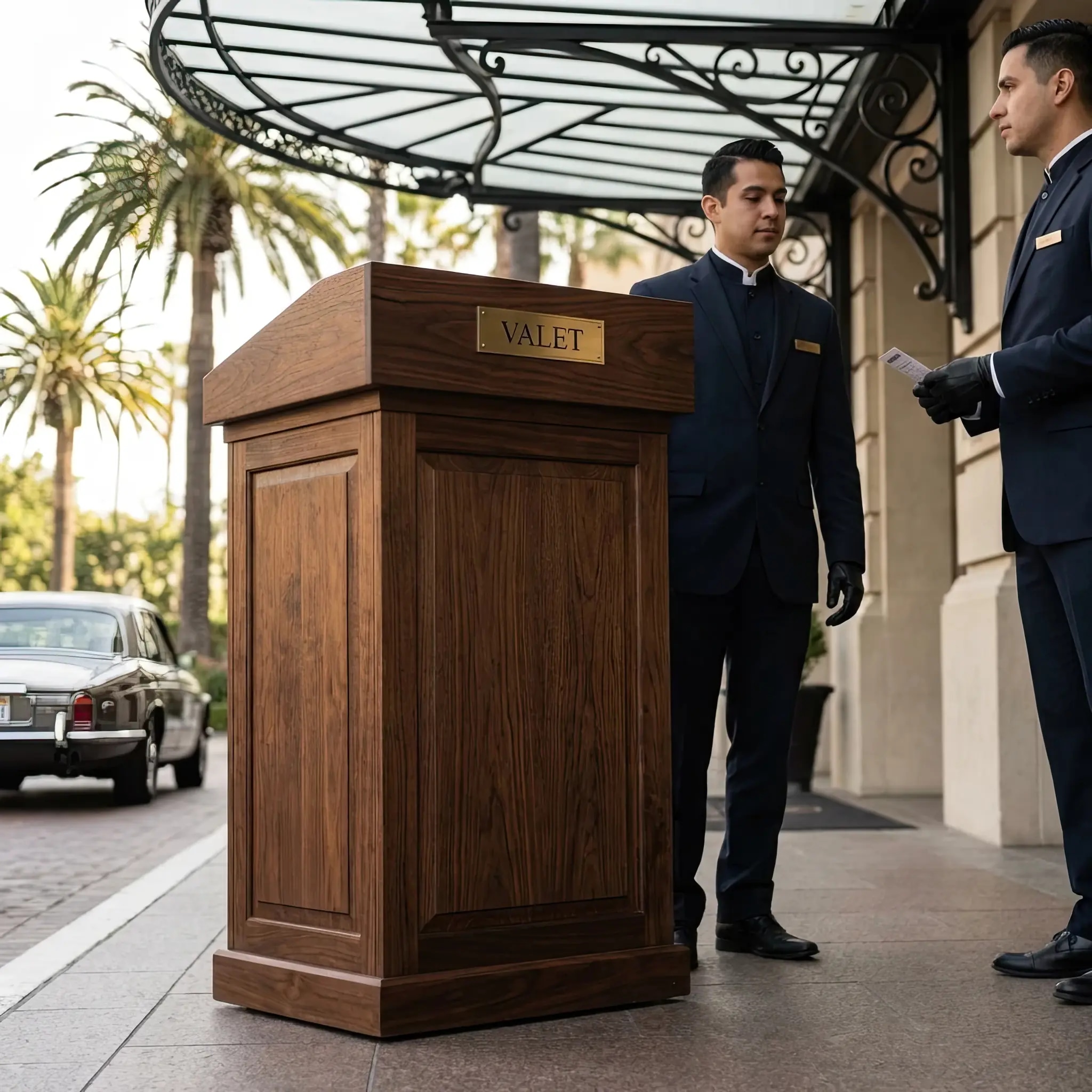 Архитектура и дизайн: Сотрудник валет-службы принимает ключи у гостя: нано-покрытие стойки защищает её от царапин брелоками и тяжелыми сумками