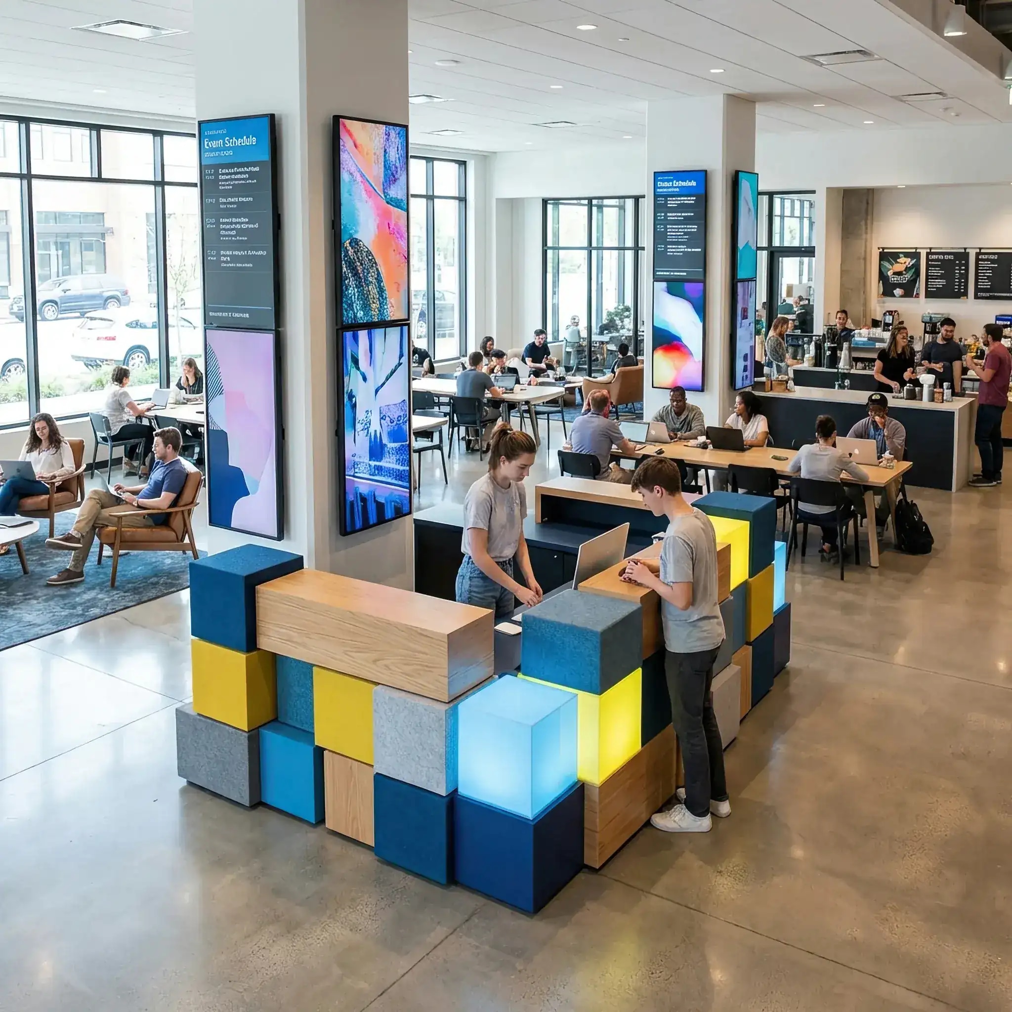 Архитектура и дизайн: Трансформируемая стойка приемная в современном коворкинге с мобильными модулями и цифровыми экранами