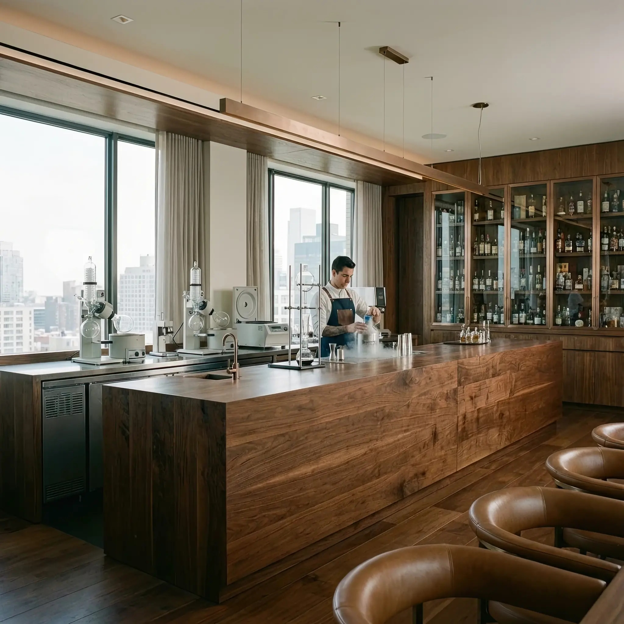 Архитектура и дизайн: Футуристический бар в вестибюль, где робот-миксолог создает коктейли из тумана, сфер и пены, используя жидкий азот