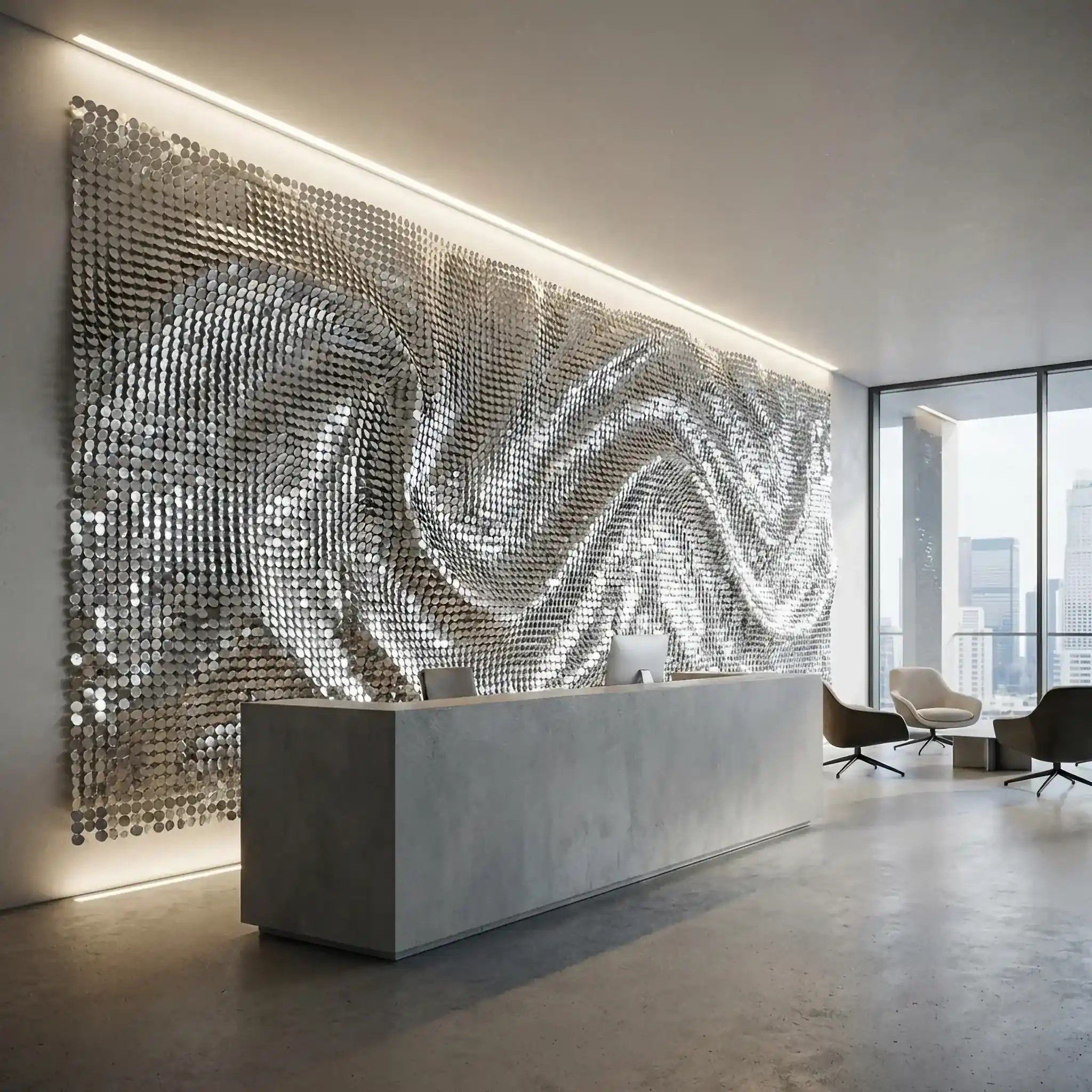 Архитектура и дизайн: Впечатляющее вестибюль, где стены состоят из тысяч подвижных чешуек, создающих динамические узоры