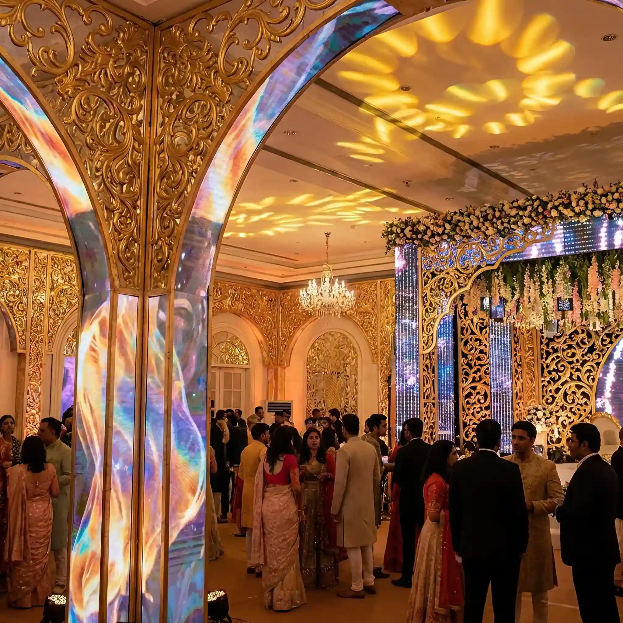 Архитектура и дизайн: Роскошная стойка приемная в Мумбаи с золотой филигранью и встроенными голографическими экранами