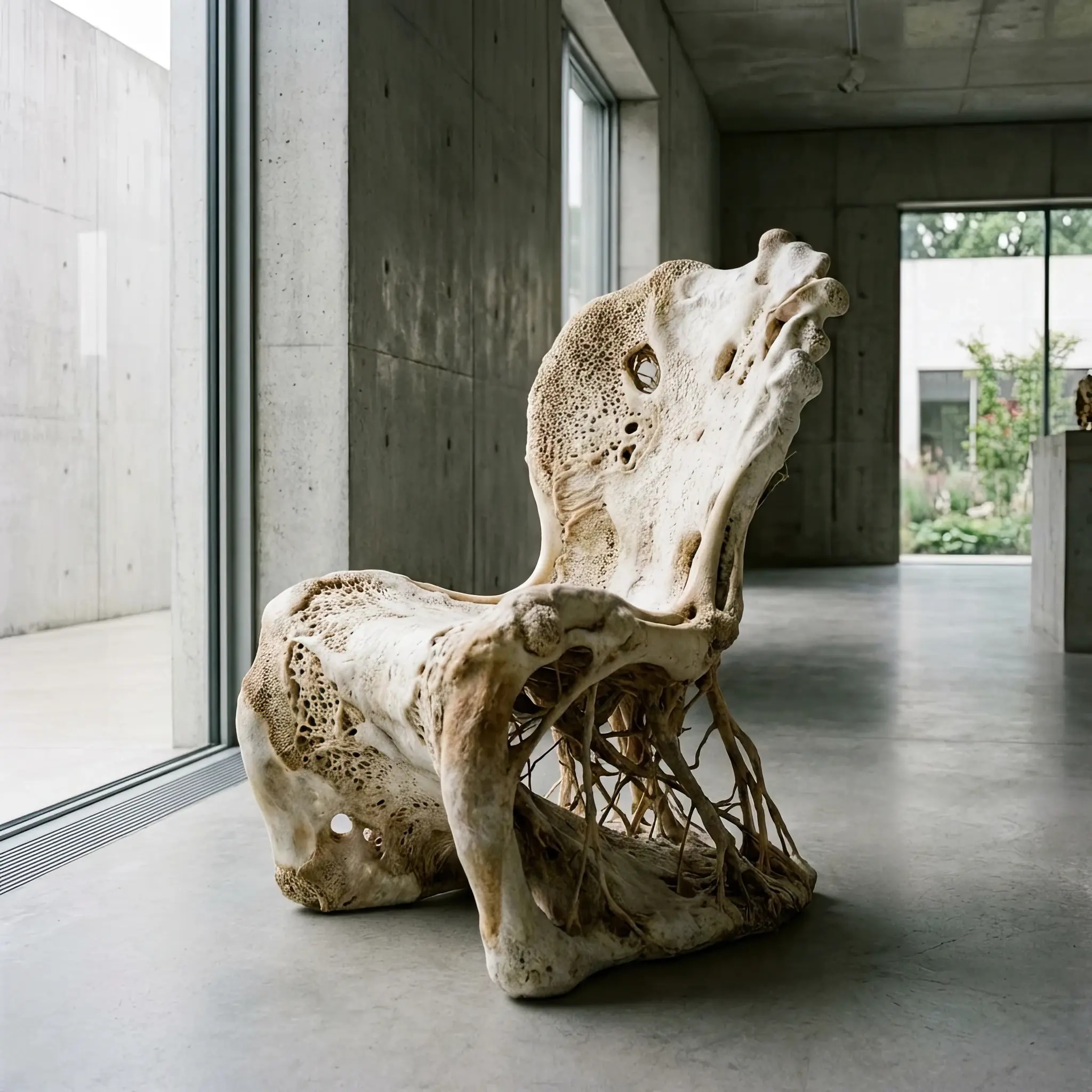 Архитектура и дизайн: Футуристическое кресло в вестибюль, выращенное из грибного мицелия, с бархатистой органической текстурой