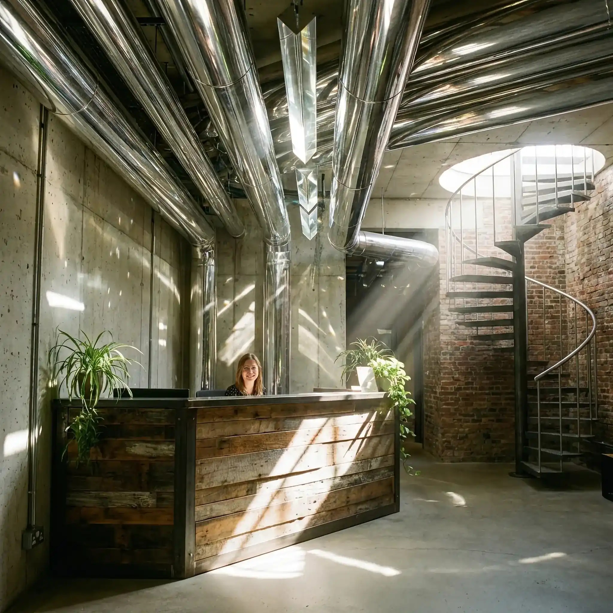 Архитектура и дизайн: Стойка приемная на подземном паркинге, ярко освещенная настоящим солнечным светом через систему зеркальных труб