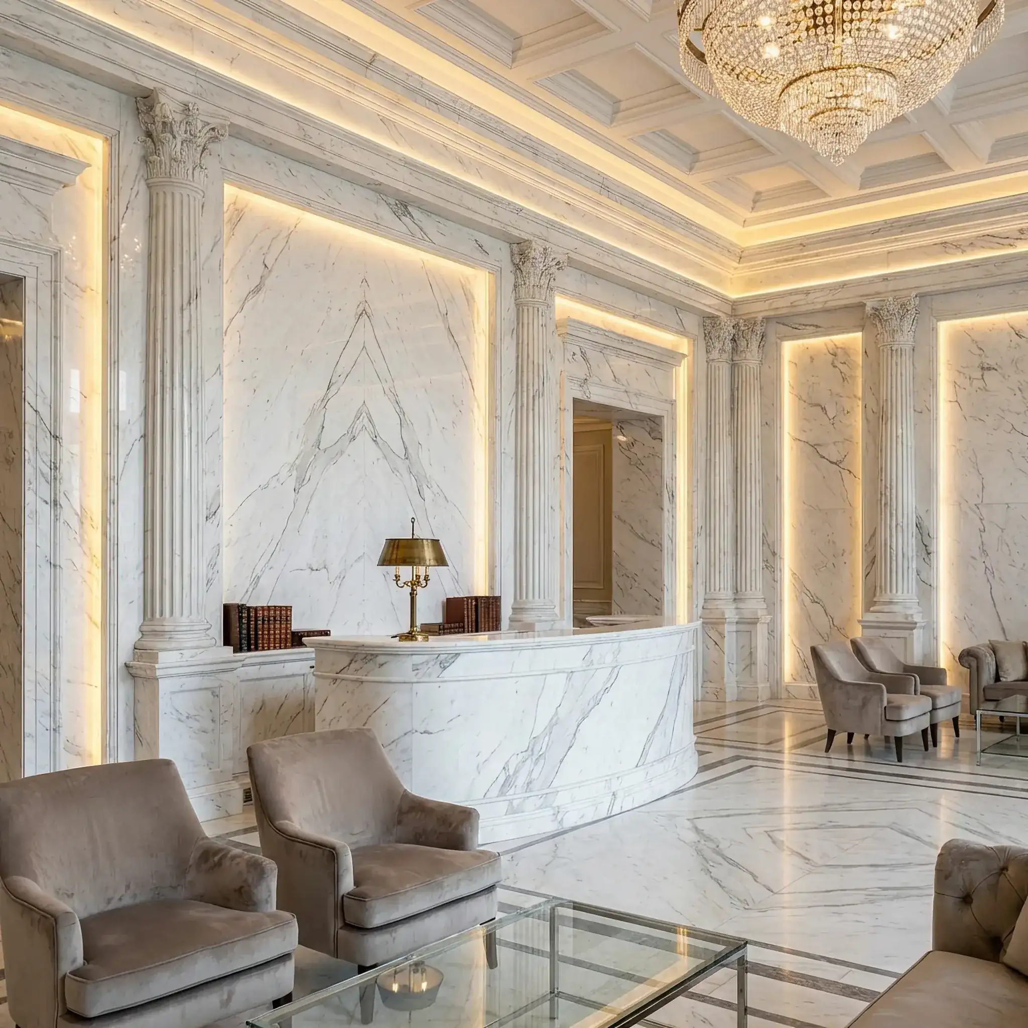 Архитектура и дизайн: Величественный приемная из белого мрамора Statuario с пилястрами и скрытой патинированной подсветкой