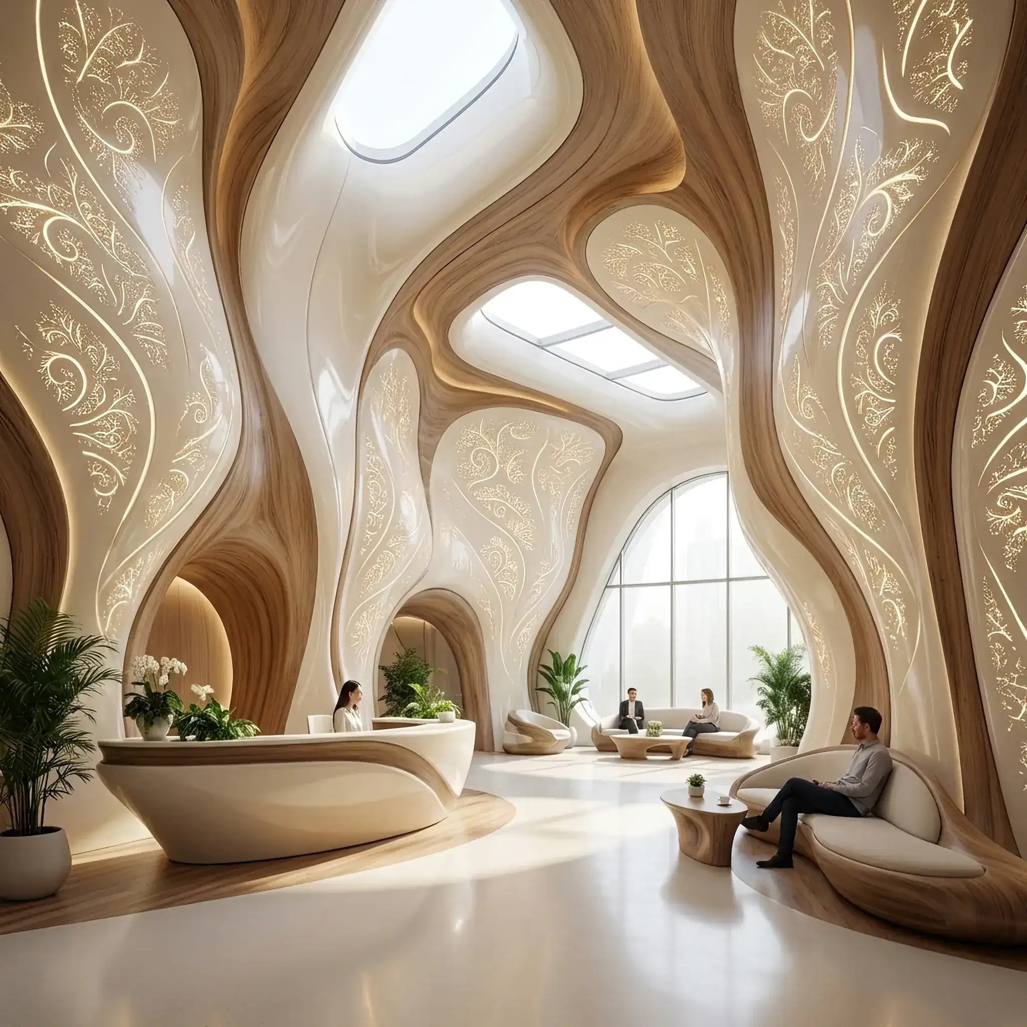 Архитектура и дизайн: Интерьер вестибюль с плавными бионическими формами и фрактальными узорами на стойке приемная