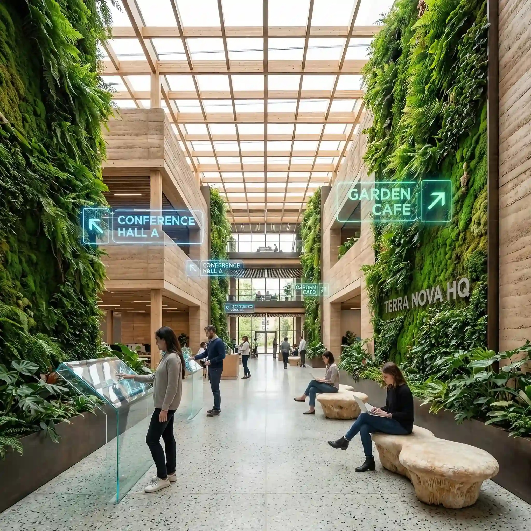 Архитектура и дизайн: Футуристичное вестибюль офиса с интеллектуальные алгоритмы-консьержем и живыми стенами из мха в 2026 году