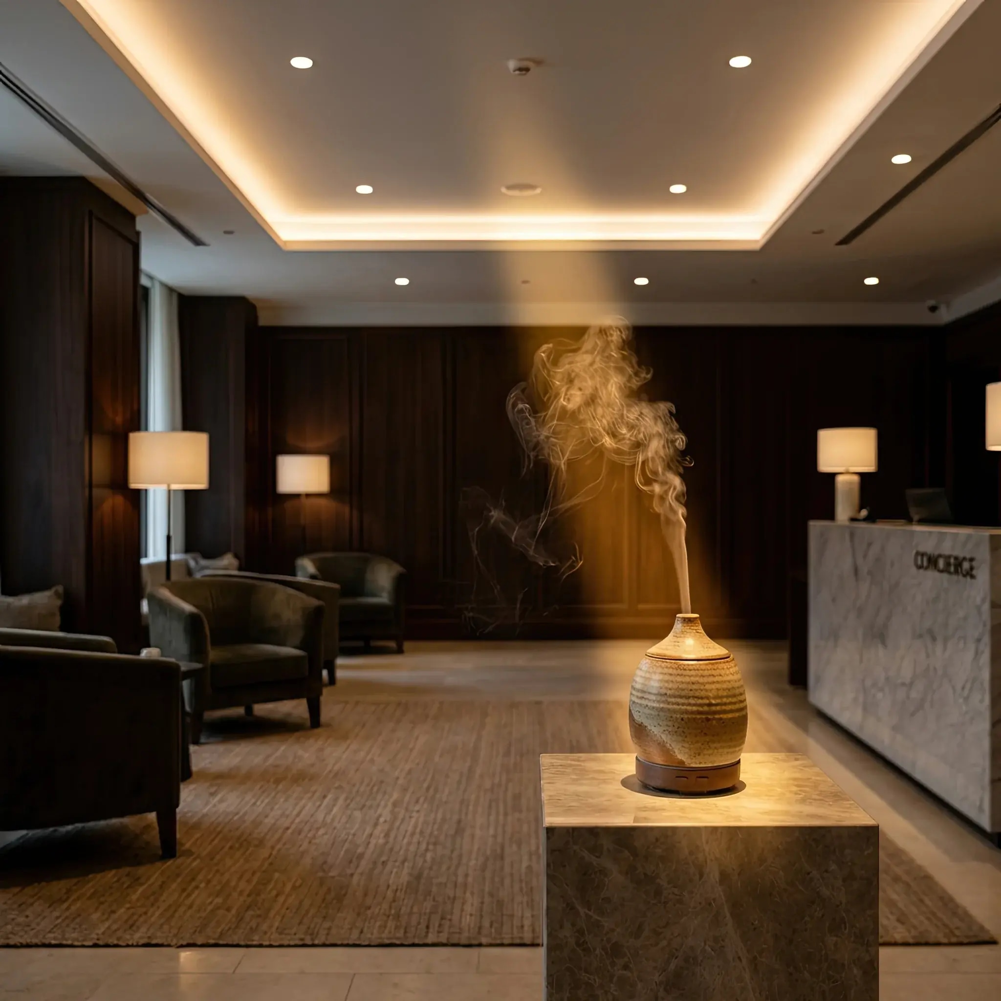 Архитектура и дизайн: Тонкая струя ароматического пара поднимается от скрытого диффузора, встроенного в керамическую стойку приемная