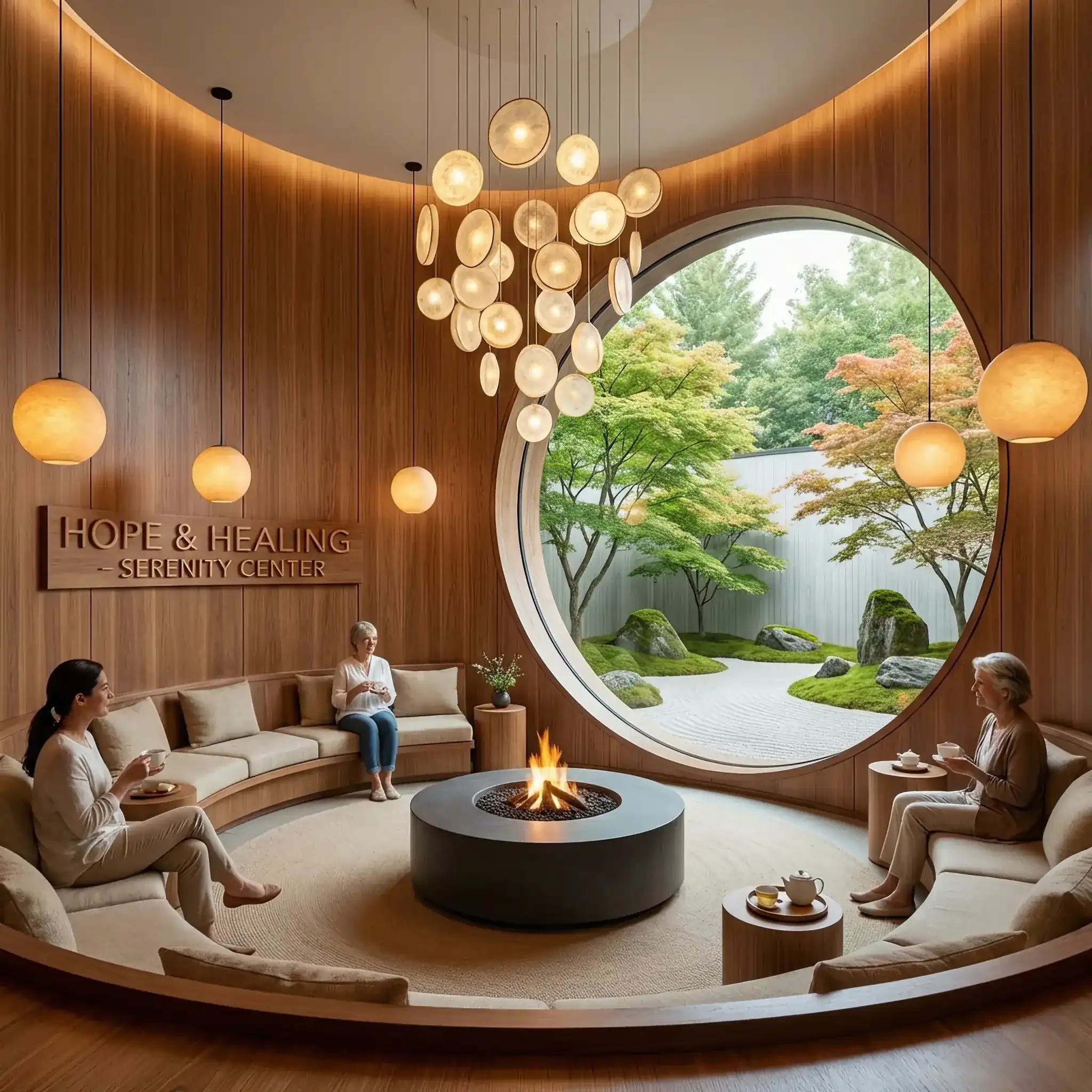 Архитектура и дизайн: Светлое, наполненное светом вестибюль онкоцентра с огромными окнами, живыми деревьями и спокойными зонами отдыха