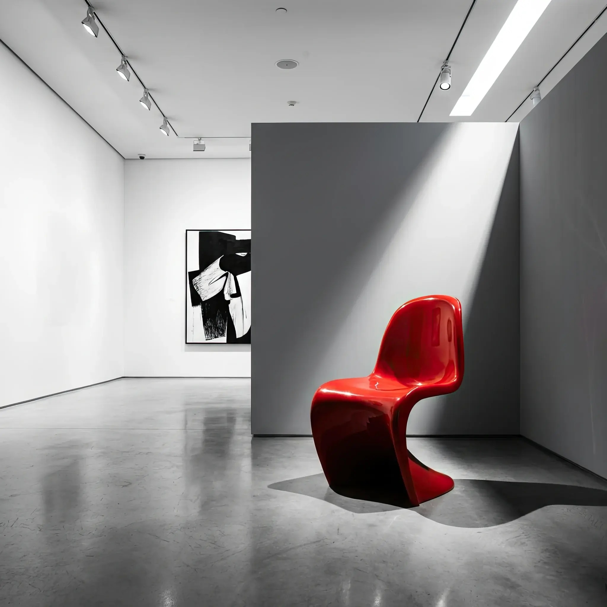 Архитектура и дизайн: Ярко-красный Panton Chair на фоне нейтральной бетонной стойки приемная