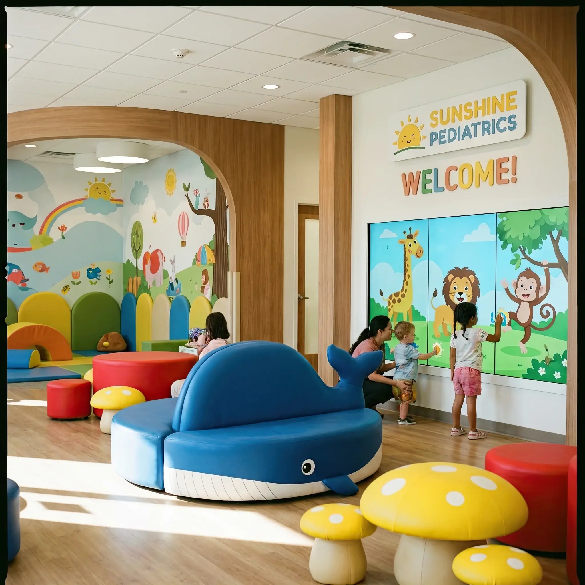 Архитектура и дизайн: Яркое детское вестибюль с мягкими формами, интерактивными панелями и низкой радужной стойкой приемная