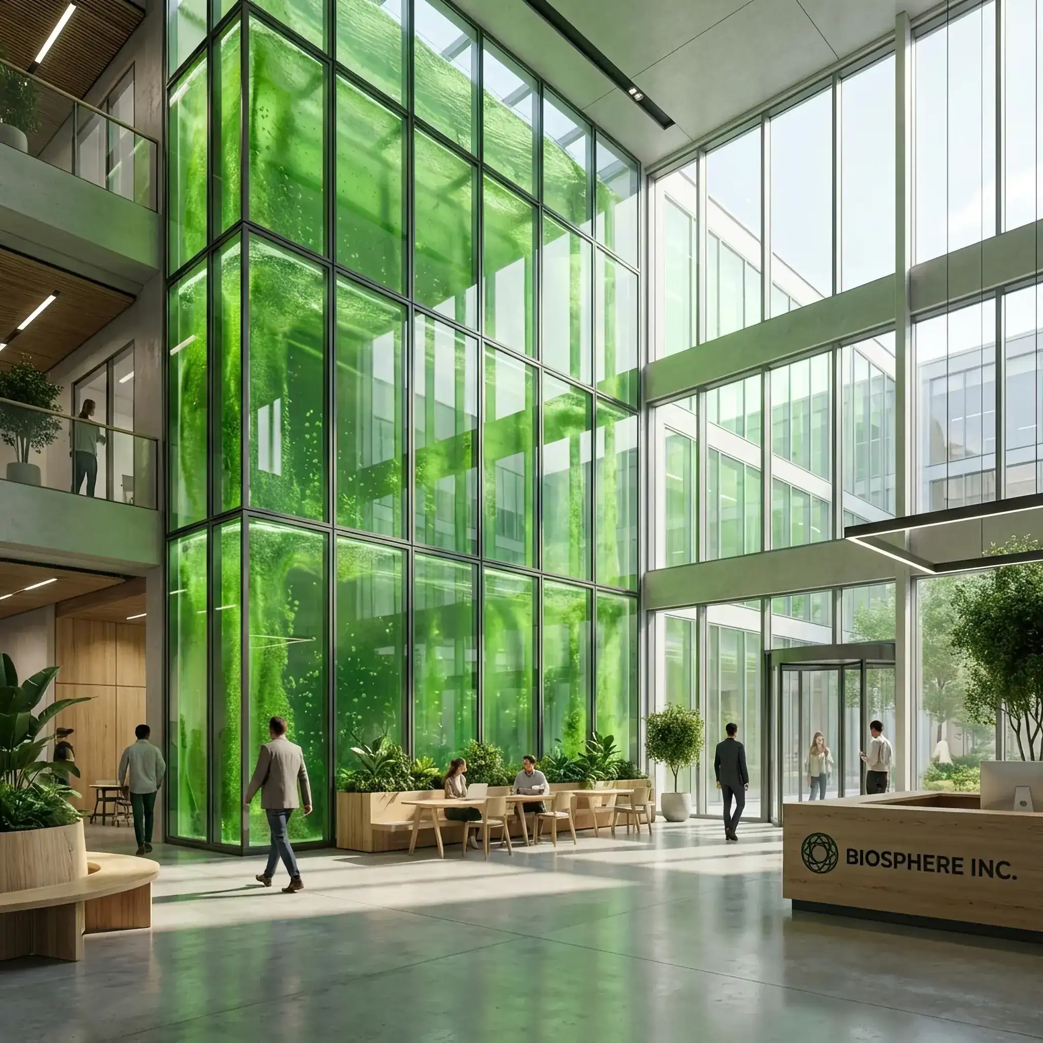 Архитектура и дизайн: Стеклянные перегородки в вестибюль, заполненные подсвеченной зеленой жидкостью с микроводорослями, которые создают живой, пульсирующий интерьер и очищают воздух