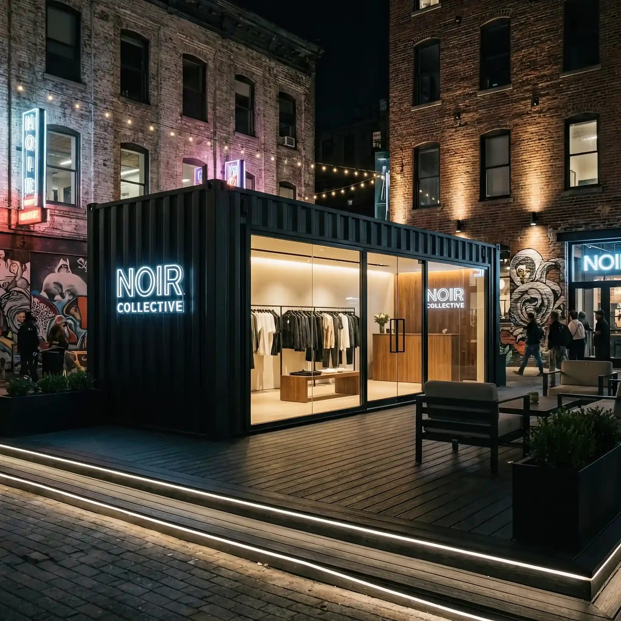 Архитектура и дизайн: Трансформированный морской контейнер как поп-ап магазин премиум-бренда с витриной и внутренним освещением