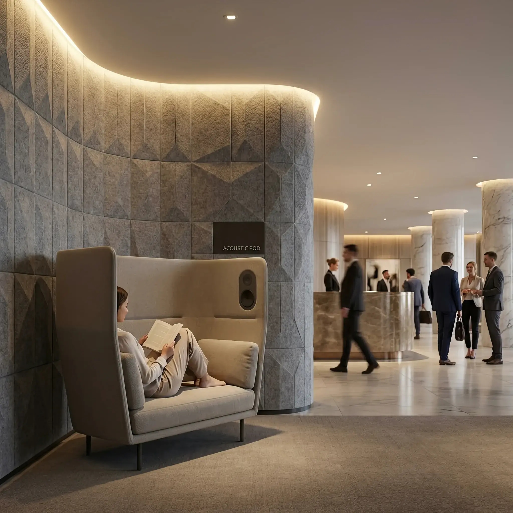 Архитектура и дизайн: Гладкая стена вестибюль плавно превращается в функциональные полки и сиденья, используя технологию программируемой материи